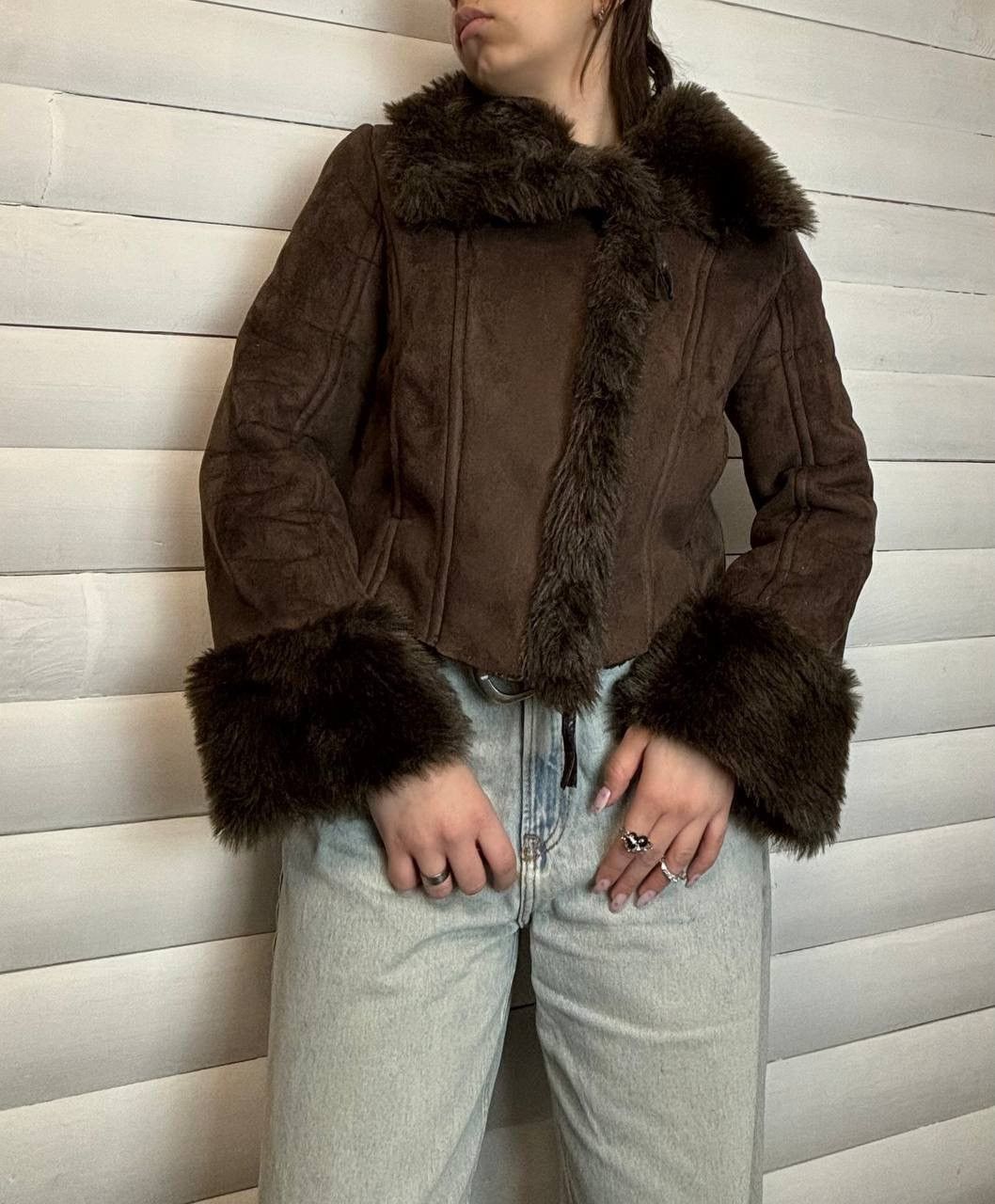 If Six Was Nine × Vintage Vintage Y 2K Suede Leather Style Fur Faux Collar Sleeve Jack Size L / US 10 / IT 46 - 1 Thumbnail