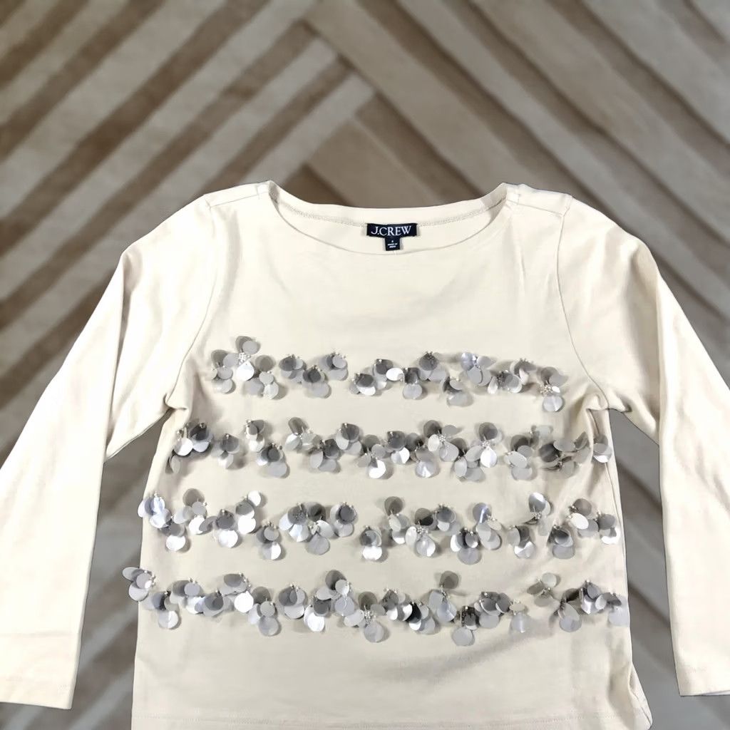 J.Crew J.Crew Womens Beige Sequin Floral Embellished Long Sleeve Top Size S Boat Neck Shirt Womens Size S / US 4 / IT 40 - 1 Thumbnail