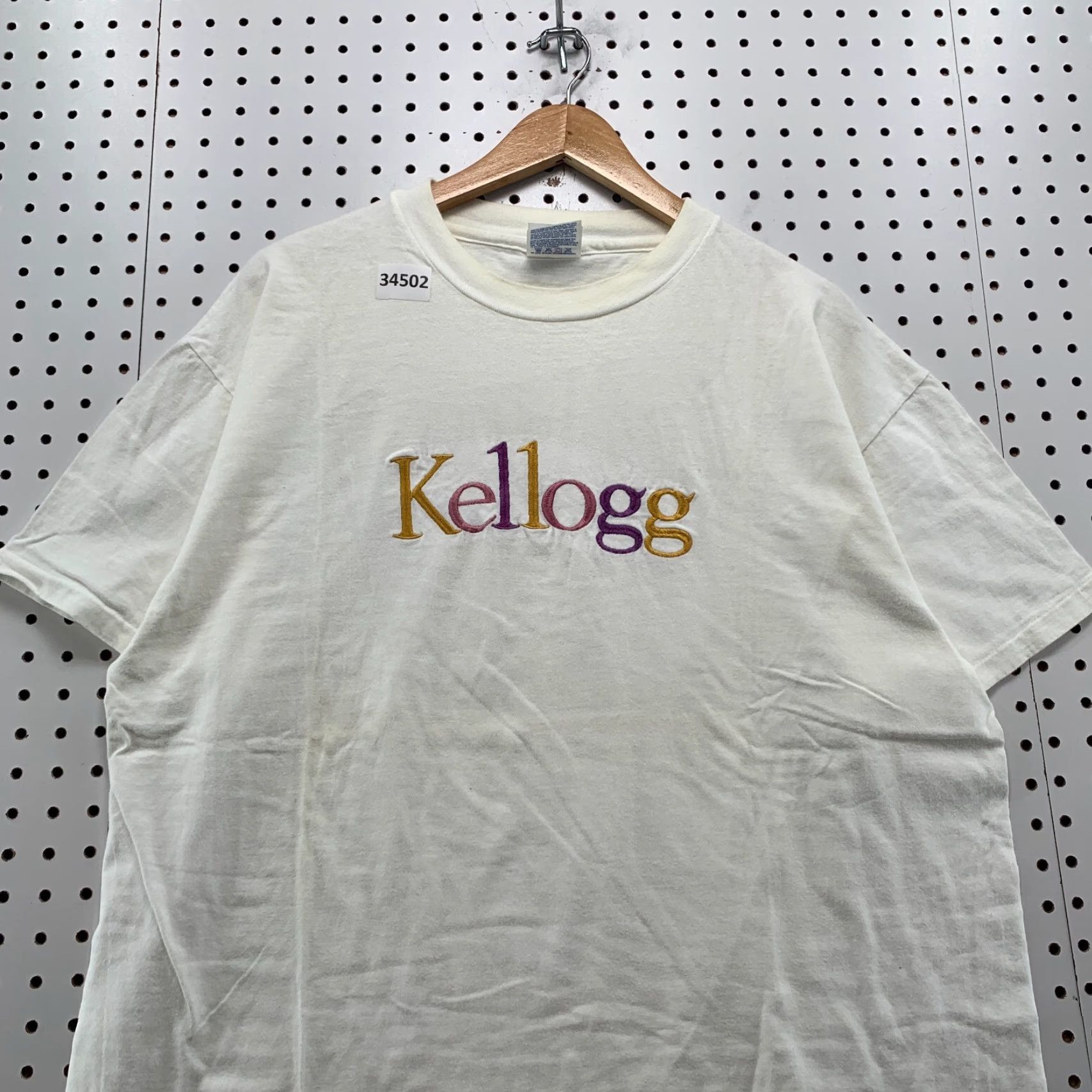 Hanes VINTAGE Kellogg Shirt Mens XL White Embroidered Single Stitch 23.5x27 T-Shirt Crew Neck Short Sleeve Size US XL / EU 56 / 4 - 5 Thumbnail