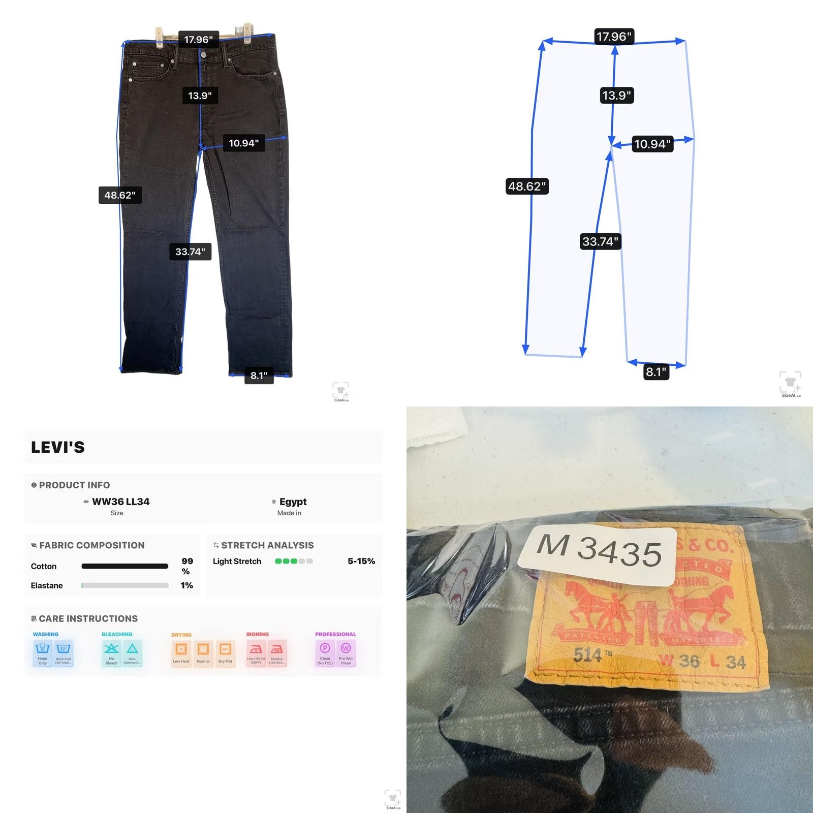 Levi's Levi's 514 Jeans Mens 36x34 Black Dark Wash Straight Denim Stretch Zip Fly Size US 36 / EU 52 - 9 Thumbnail