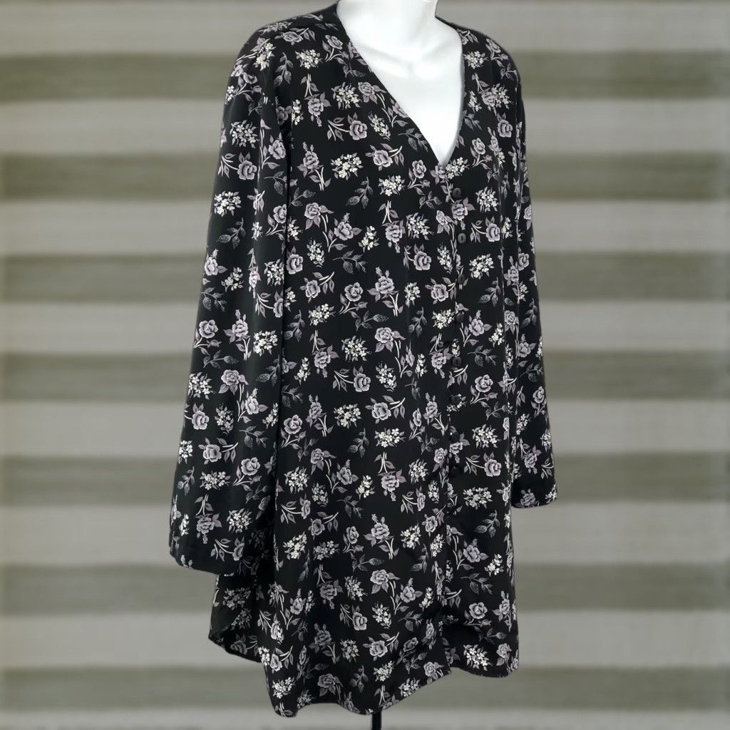 Vintage VINTAGE Jaclyn Smith Blouse 22W Black Floral V-Neck ButtonUp Boho Career Womens Size 3XL / US 20-22 - 1 Thumbnail