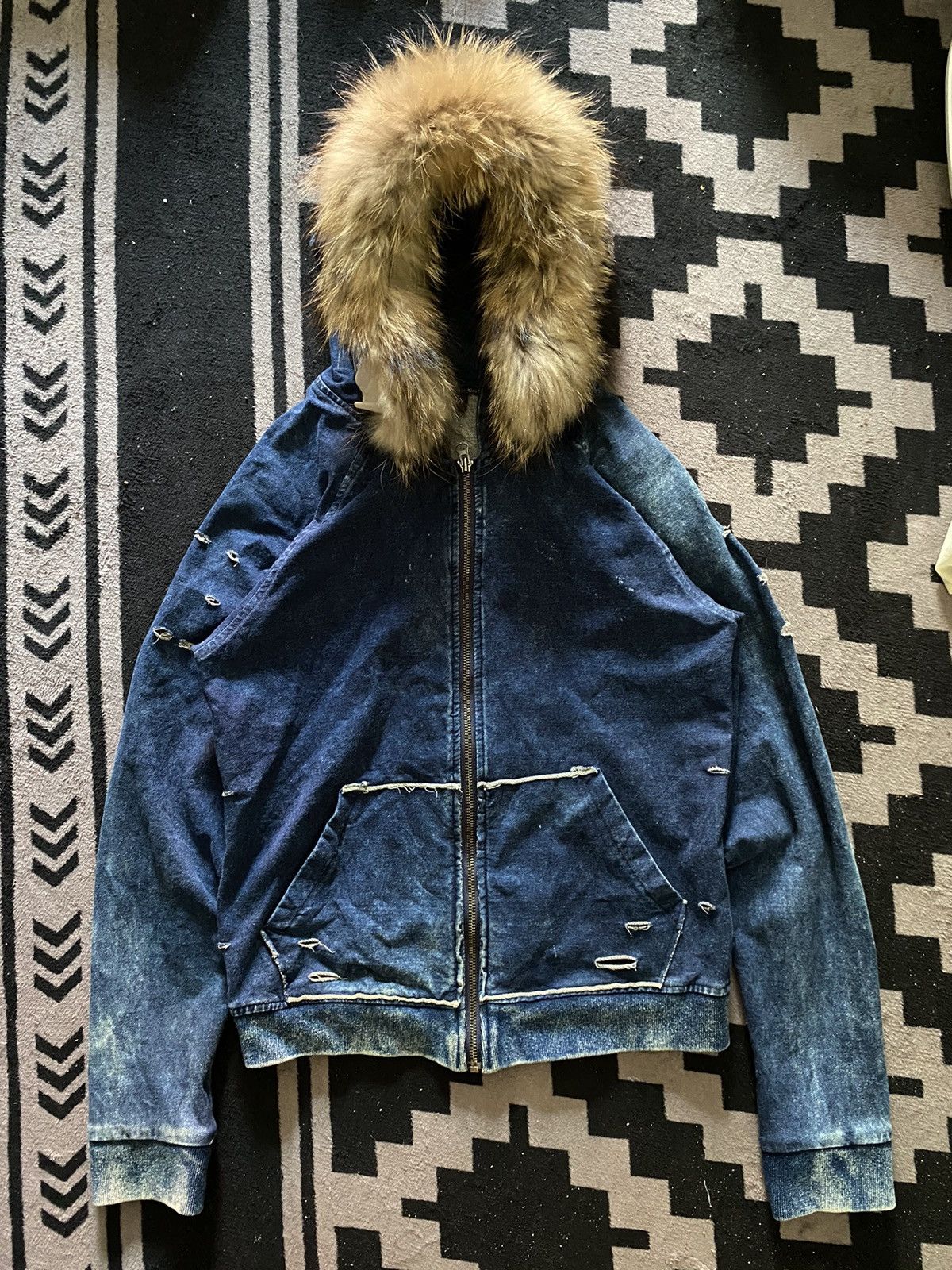 Japanese old army faux fur distressed washed denim hoodie