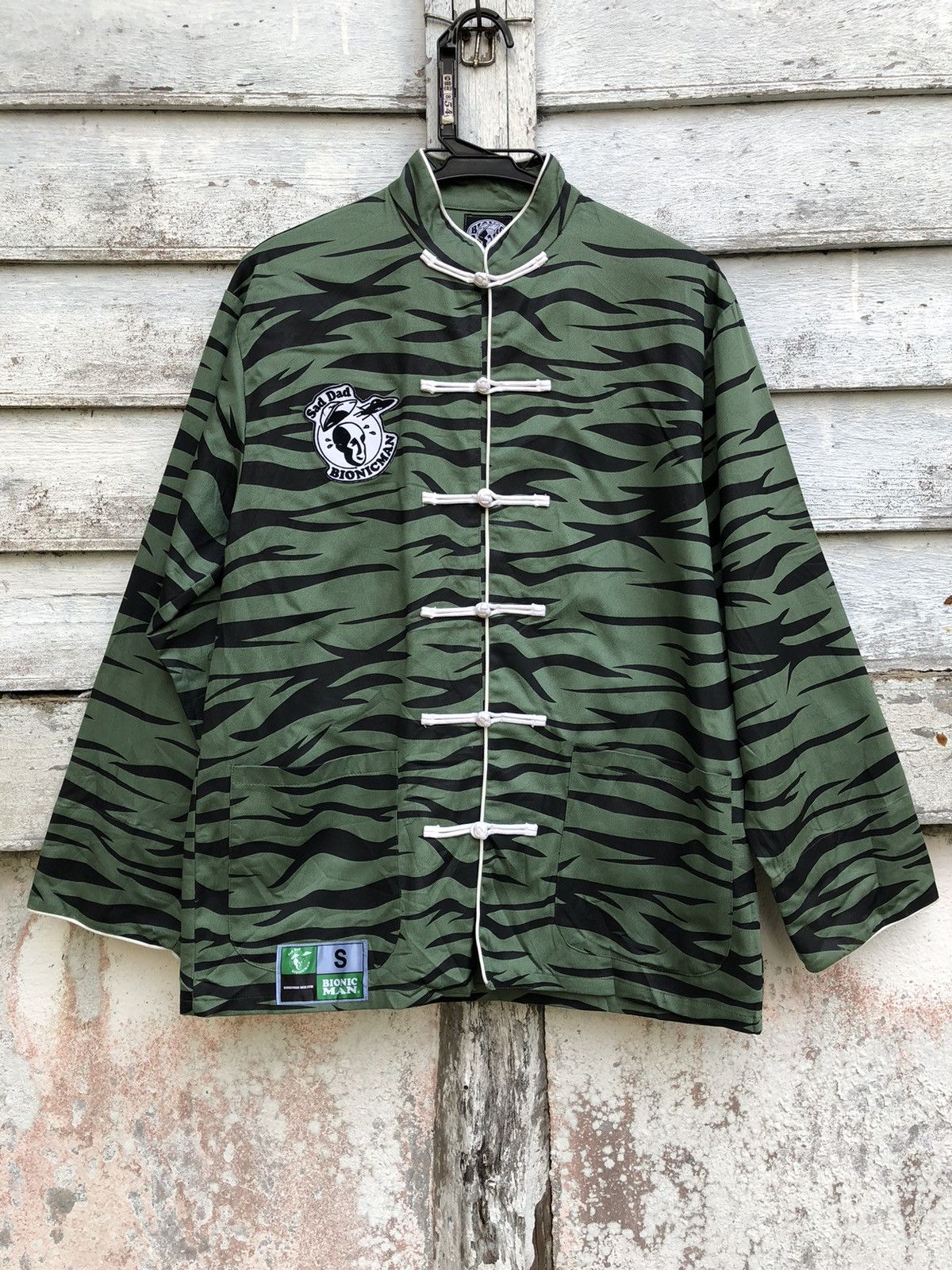 image of Bionic Man Sad Dad Tiger Stripe Camo Cheongsam Jacket in Green, Men's (Size Small)