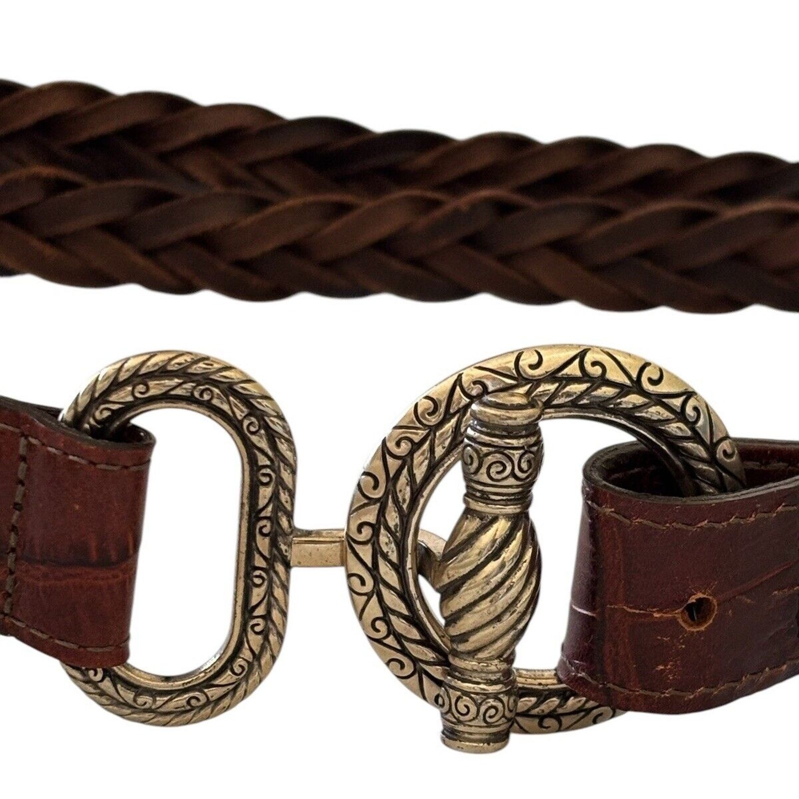 Brighton Brighton 1996 Double Brown Leather Woven Belt Silver Toggle Size ONE SIZE - 2 Thumbnail