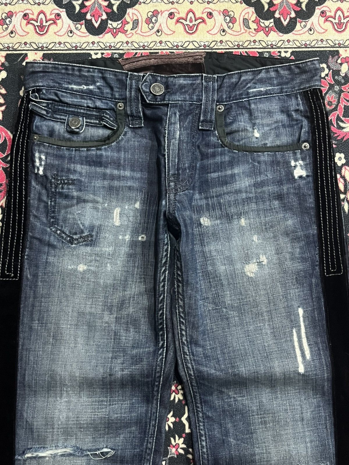 Ben Taverniti Unravel Project Vintage Ben Tavernity Velvet Side Panel Distressed Blue Jean Size US 28 / EU 44 - 4 Thumbnail