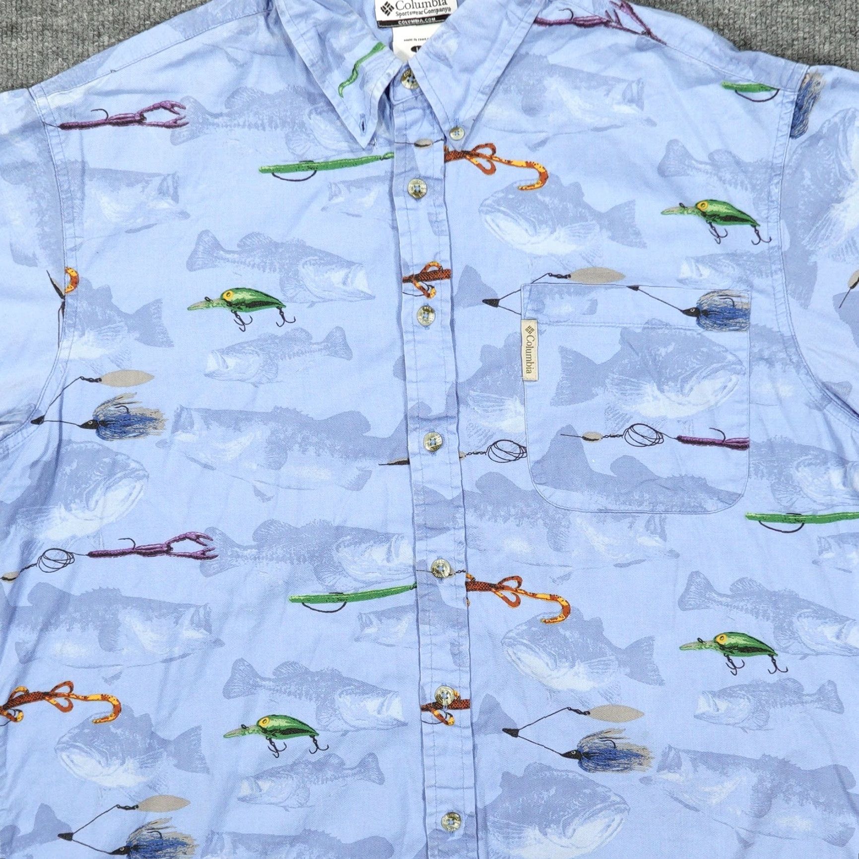 Vintage Columbia Shirt Mens Large Blue Short Sleeve Button Down Fishing Lure Pattern Size US L / EU 52-54 / 3 - 2 Thumbnail