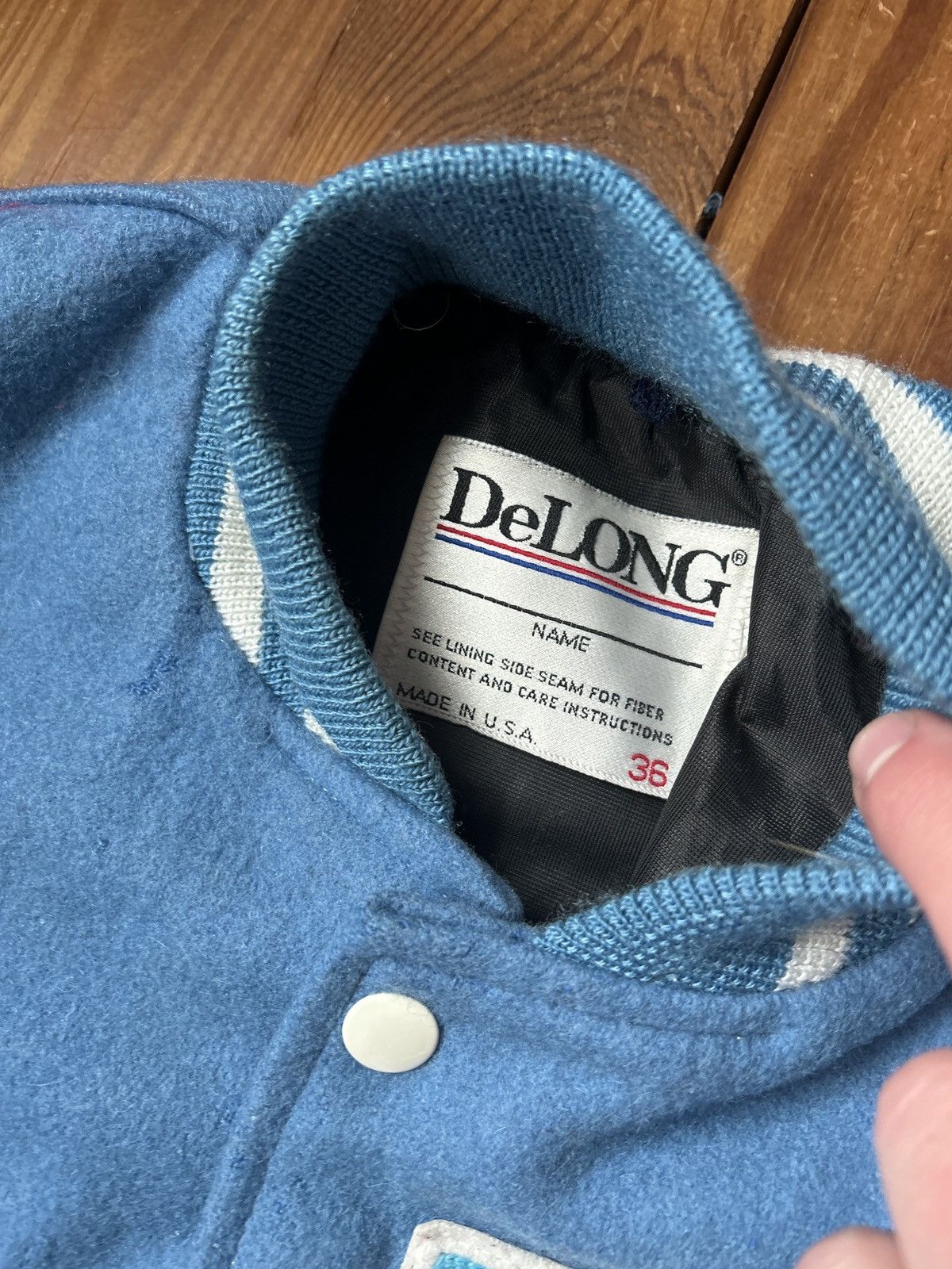 Delong × Vintage Vintage 90s DeLong Light Blue Wool Leather Varsity Jacket Size US M / EU 48-50 / 2 - 2 Thumbnail