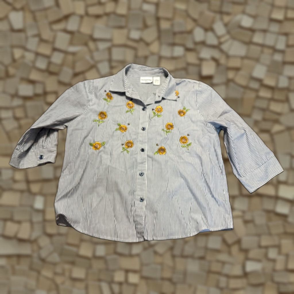Sunflower Breckenridge Shirt Women's PL White Black Striped Sunflower Embroider Button Up Size L / US 10 / IT 46 - 1 Thumbnail