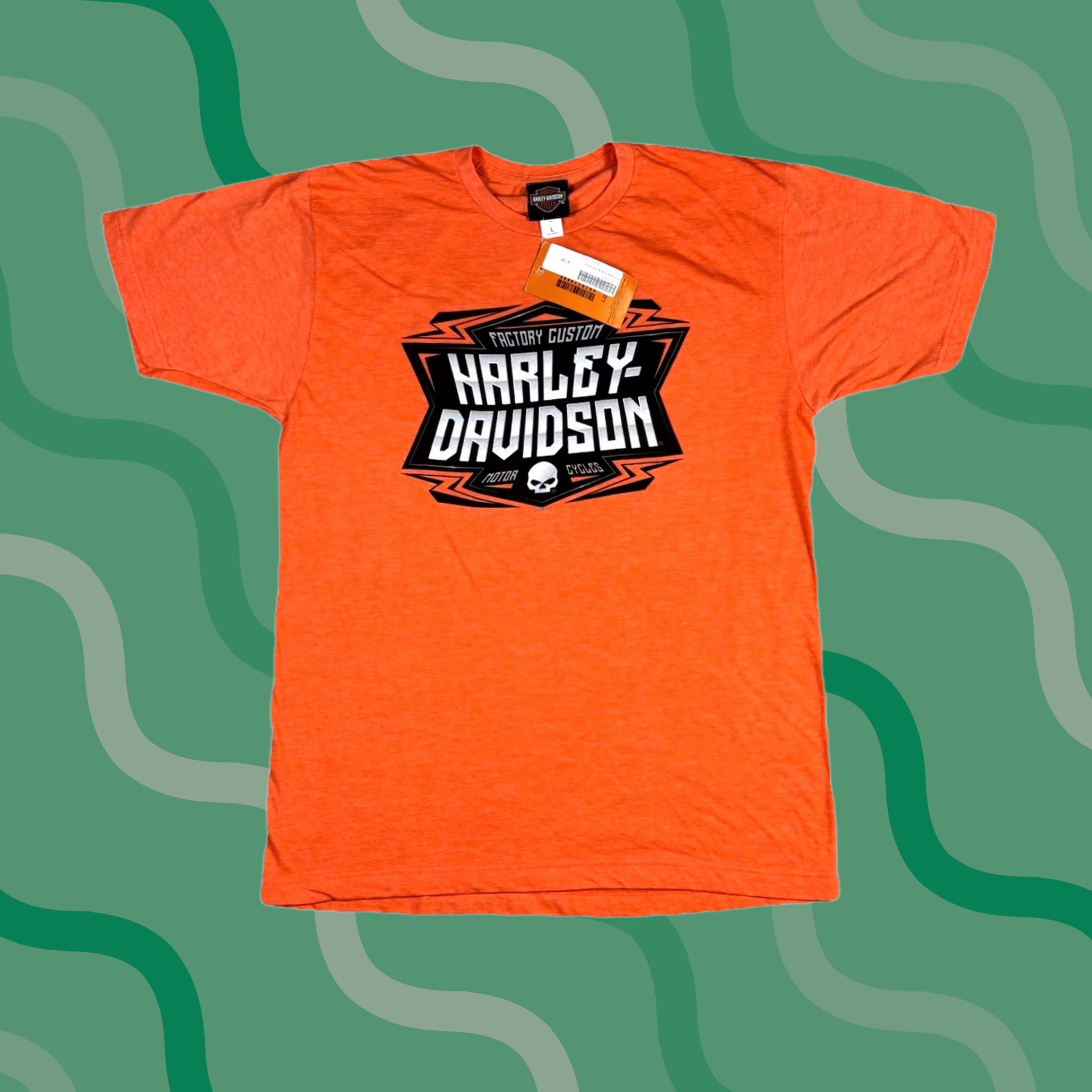 Harley Davidson VINTAGE Harley-Davidson T Shirt Logo Biker Print Double-Sided Adult L NWT Orange Cotton Crew Neck Short Sleeve Graphic Print Mens Size US L / EU 52-54 / 3 - 1 Thumbnail