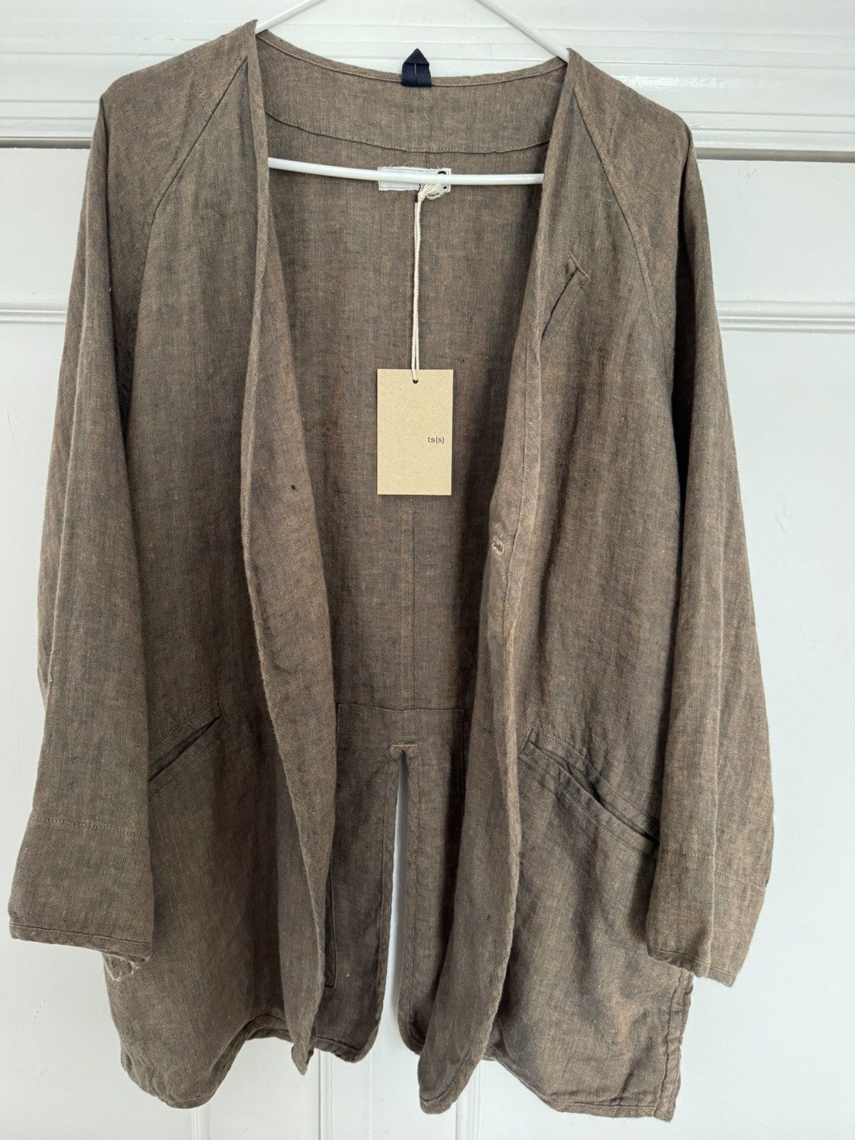 Ts(S) Linen Collarless Easy Jacket Back Slit Brown Navy Chambray Size US S / EU 44-46 / 1 - 17 Thumbnail