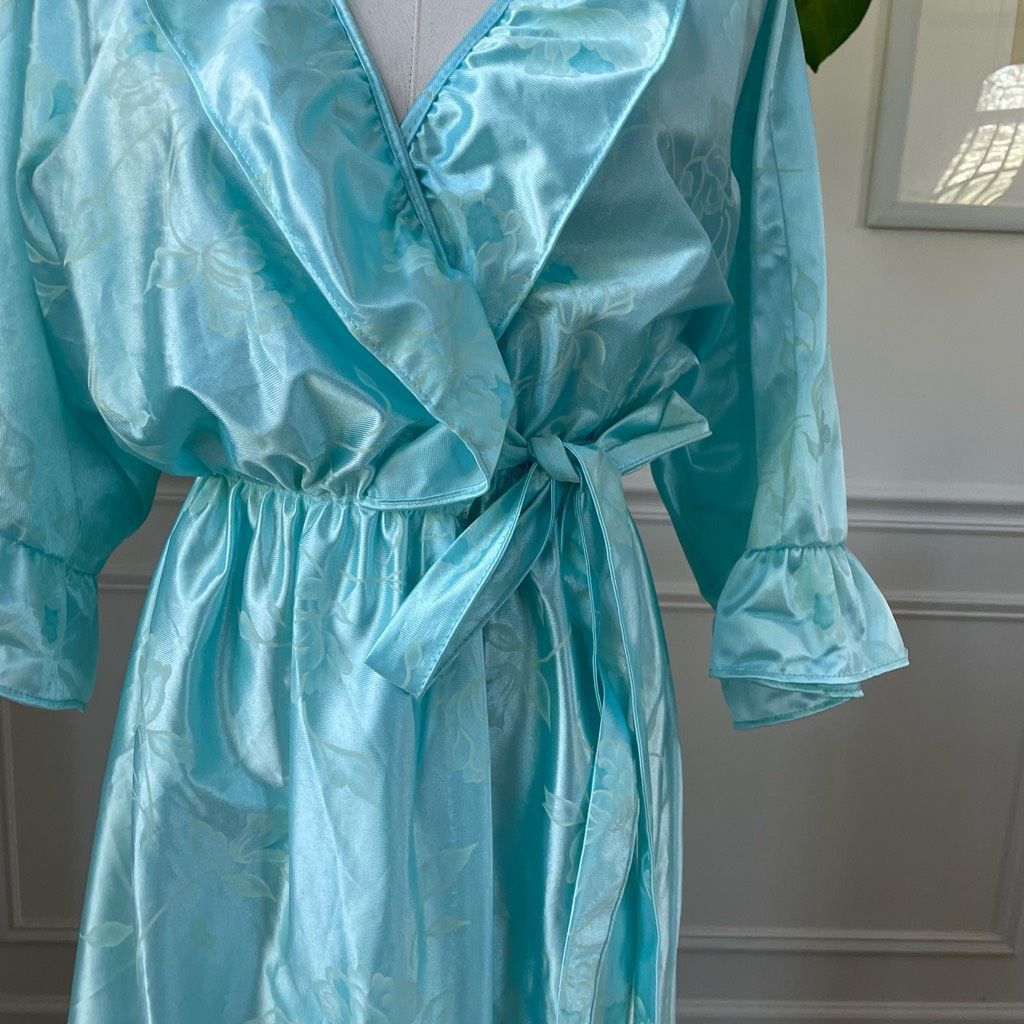 Vintage Vintage 80s Preview USA Aqua Satin Ruffle Robe M L Size ONE SIZE - 3 Thumbnail