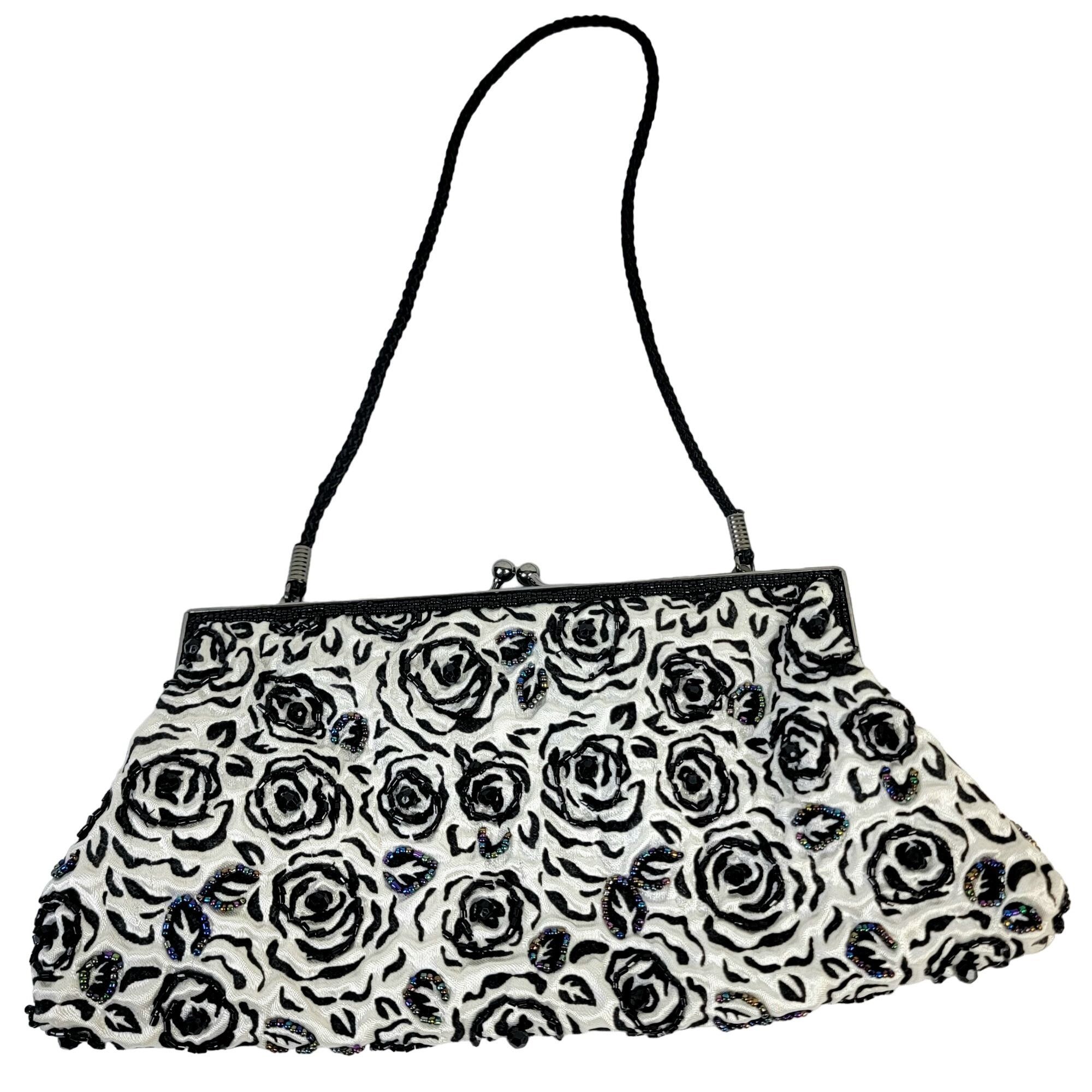 Vintage Lancome Iridescent Beaded Floral Brocade Clutch Bag Purse Bl in White, Women's