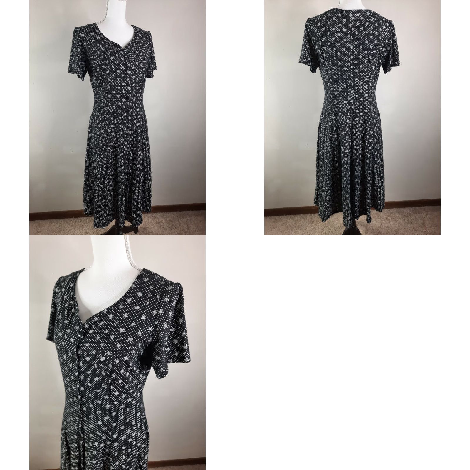 Vintage VINTAGE Illusions Black Midi Dress Women's M Short Sleeve Sweetheart Vintage 90s DC Skater A-Line Sundress Casual 10/12 Size 32" / US 10 / IT 46 - 8 Thumbnail