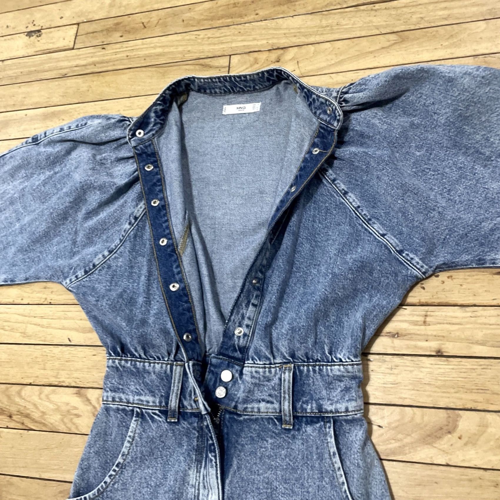 Mango VINTAGE Mango MNG Denim Romper Women 2 Blue Jean One Piece Jumpsuit Puff Sleeves Shirt Women Squares Size 26" / US 2 / IT 38 - 5 Thumbnail