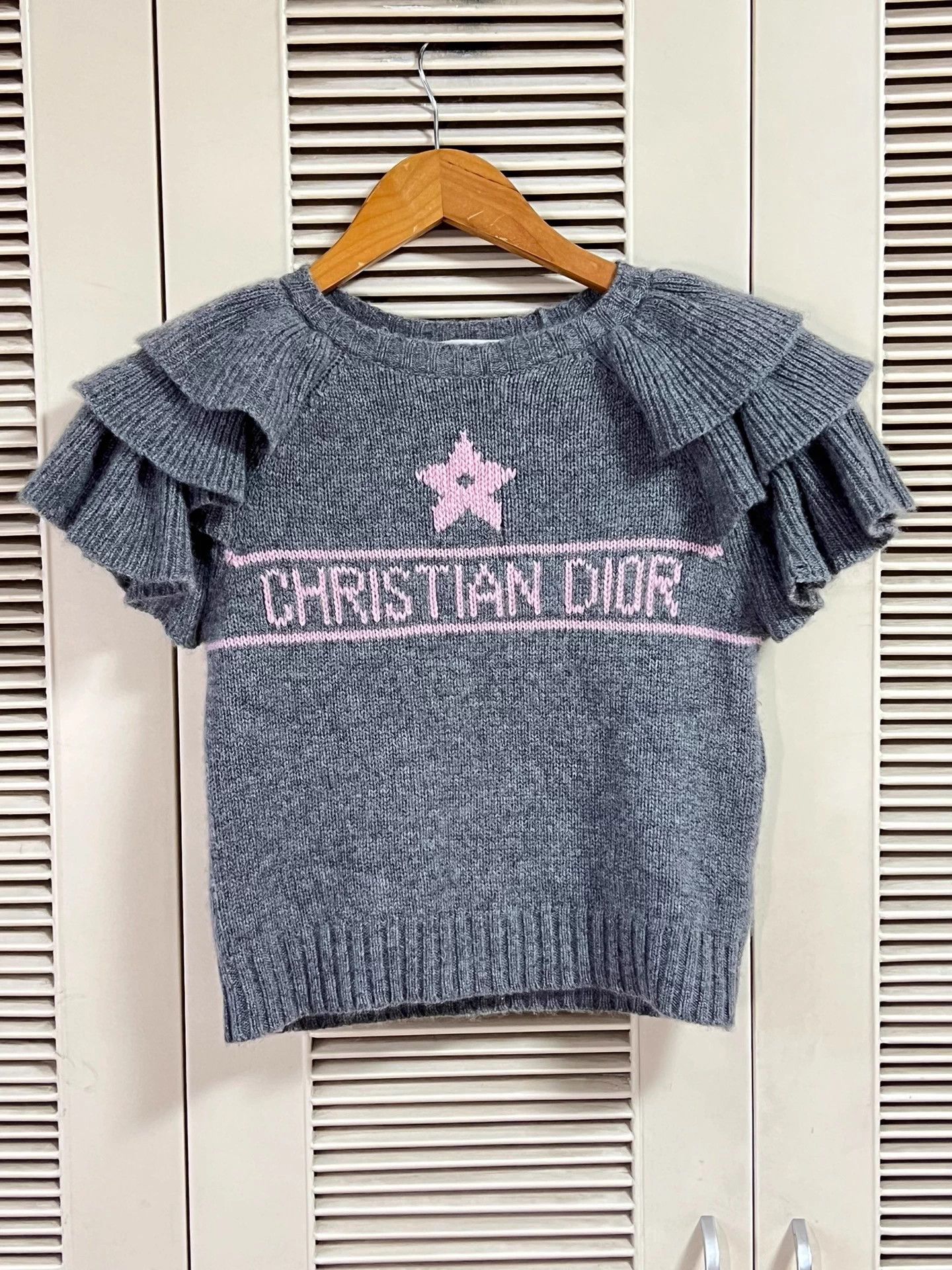 Dior Gray Lucky Star Cashmere Short-Sleeve Ruffle 34