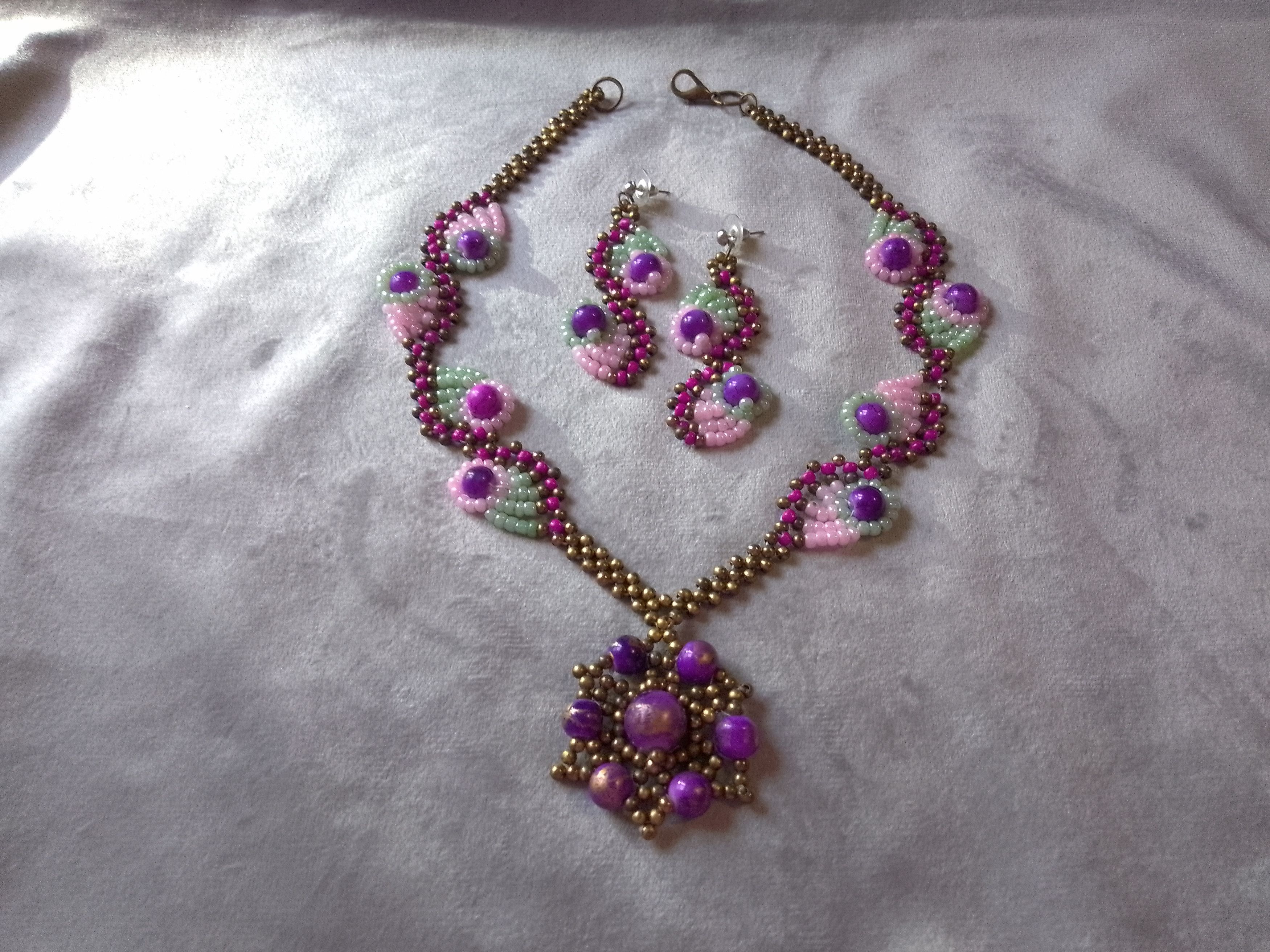 Handmade Necklace. Vintage, antique brass purple pearls. Earrings Size ONE SIZE - 3 Thumbnail