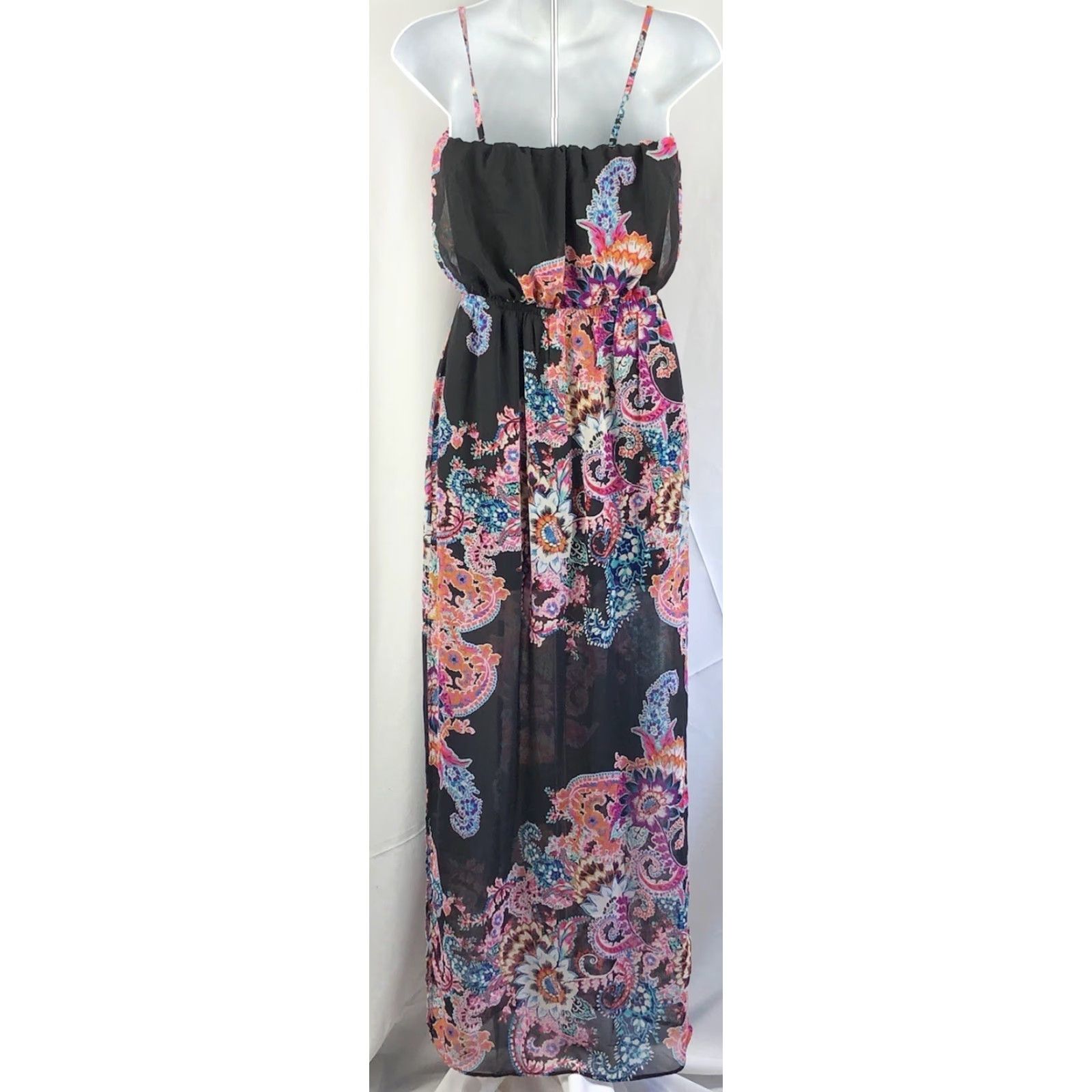 Express VINTAGE Express Maxi Dress Shirt XS Pink/Blk Floral Blouson 90's Boho Hippie Chiffon Halter Strappy Sleeve Summer Size XS / US 0-2 / IT 36-38 - 2 Thumbnail