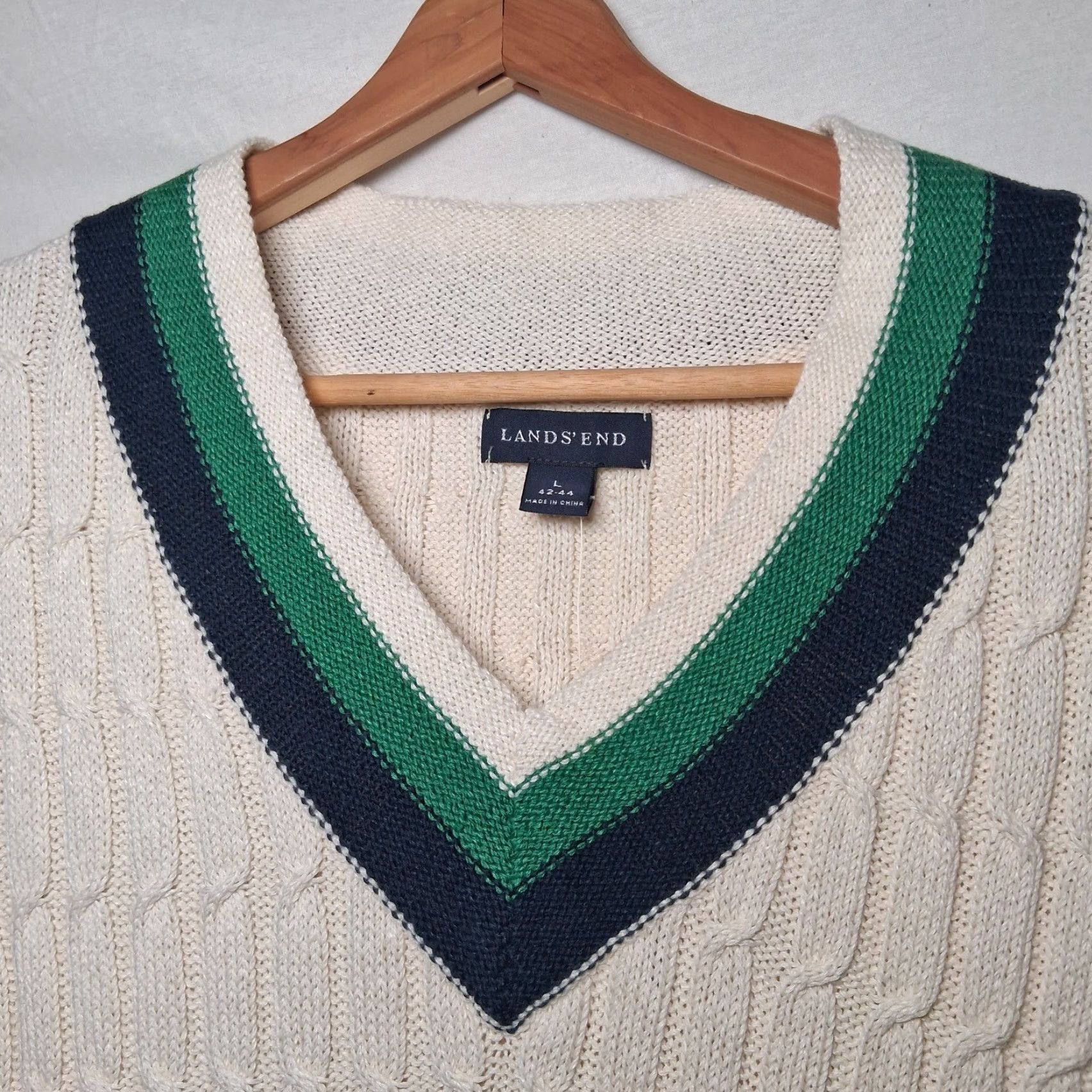 Lands' End Lands' End Sweater Vest Men L V-Neck Cable Knit Ivory Academia Preppy Linen Blend Vest, Nautical, OLD MONEY, Regular Fit, Cotton/Linen, Ivory, Mens Size US L / EU 52-54 / 3 - 4 Thumbnail