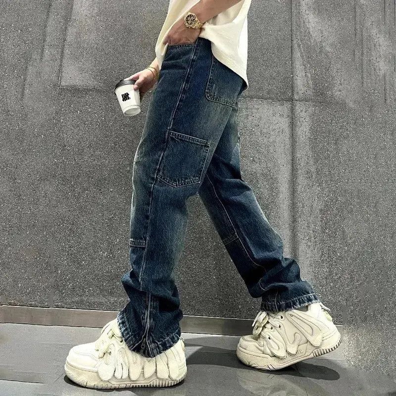 Japanese Brand Monkey Washed Wide Leg Bottoms Zipper Spliced Denim Pants Size US 32 / EU 48 - 3 Thumbnail