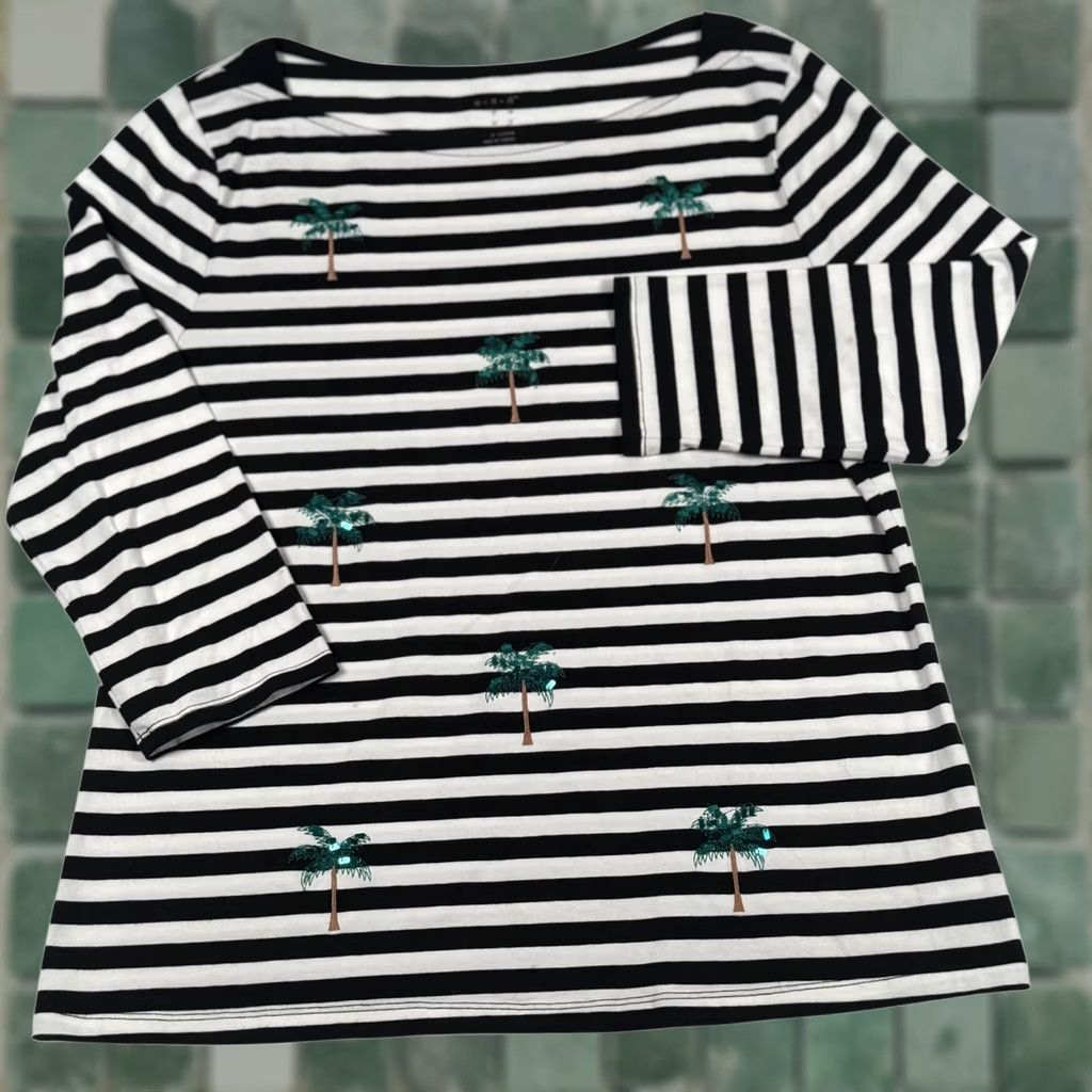 Vintage A New Day Coastal Nautical Striped Top XL Embroidered Sequin Palm Tree Boat Neck Resort Shirt Women Size XL / US 12-14 / IT 48-50 - 1 Thumbnail