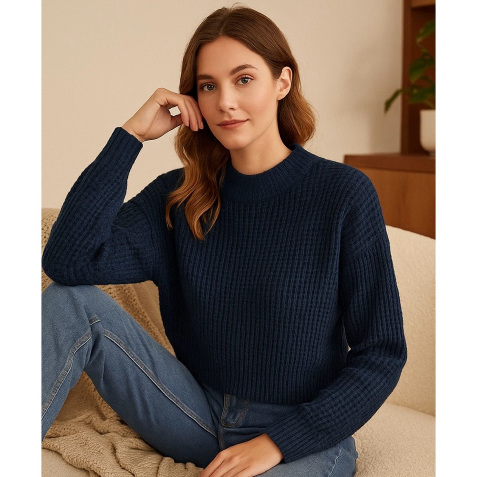 Shein Shein Navy Blue Waffle Knit Pullover Sweater Cozy M Size M / US 6-8 / IT 42-44 - 1 Thumbnail