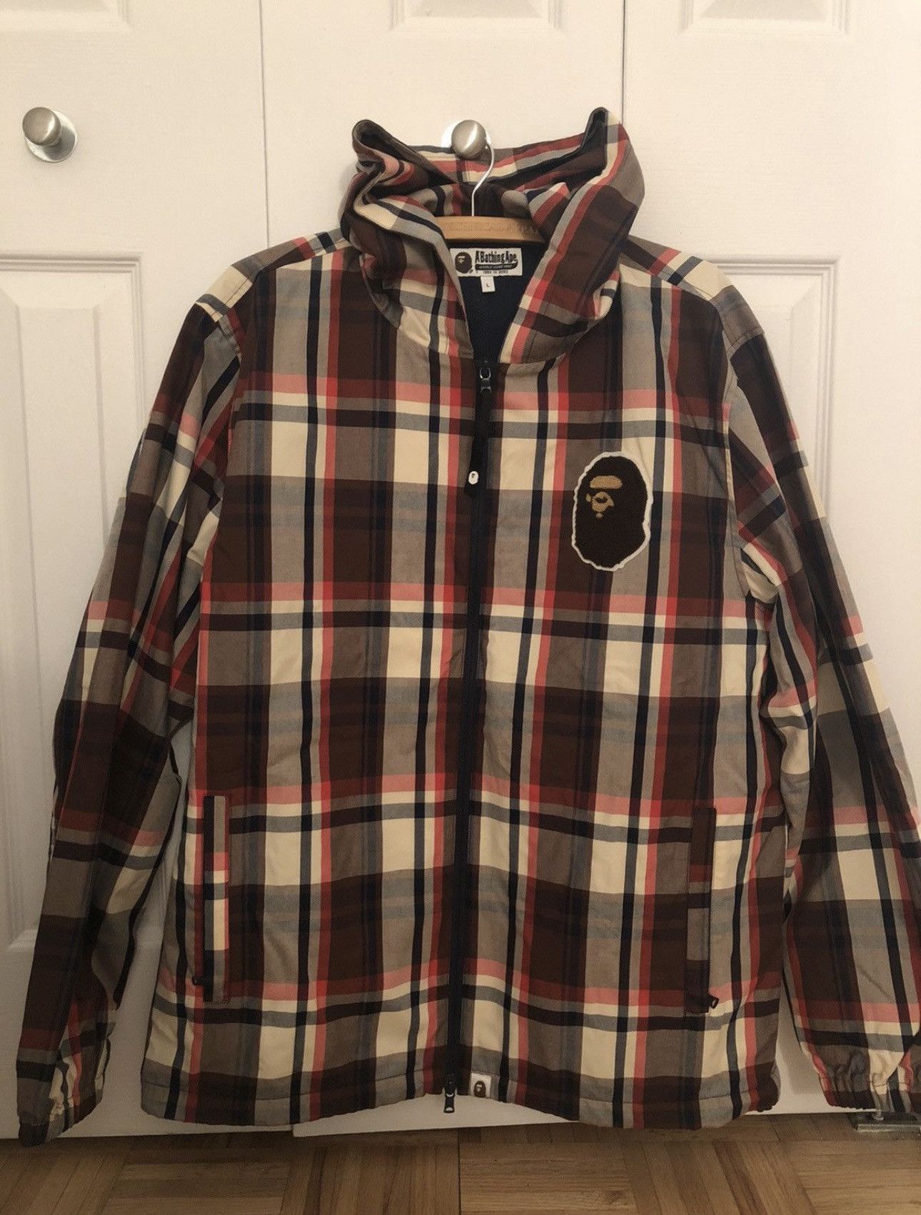 image of Bape Check Hoodie Jacket in Red, Men's (Size Large)
