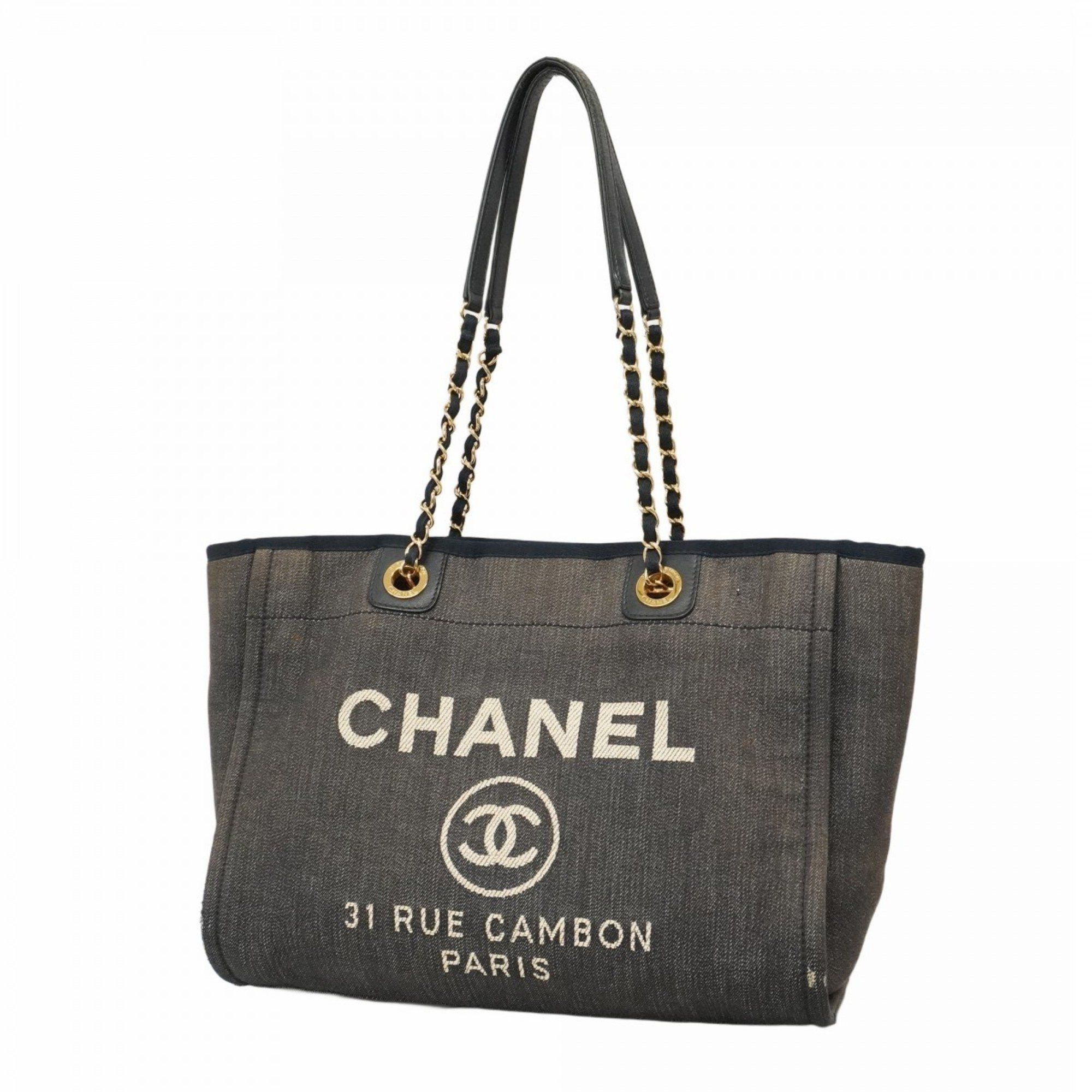 Chanel Tote Bag Deauville Chain Denim Navy Women's in Blue
