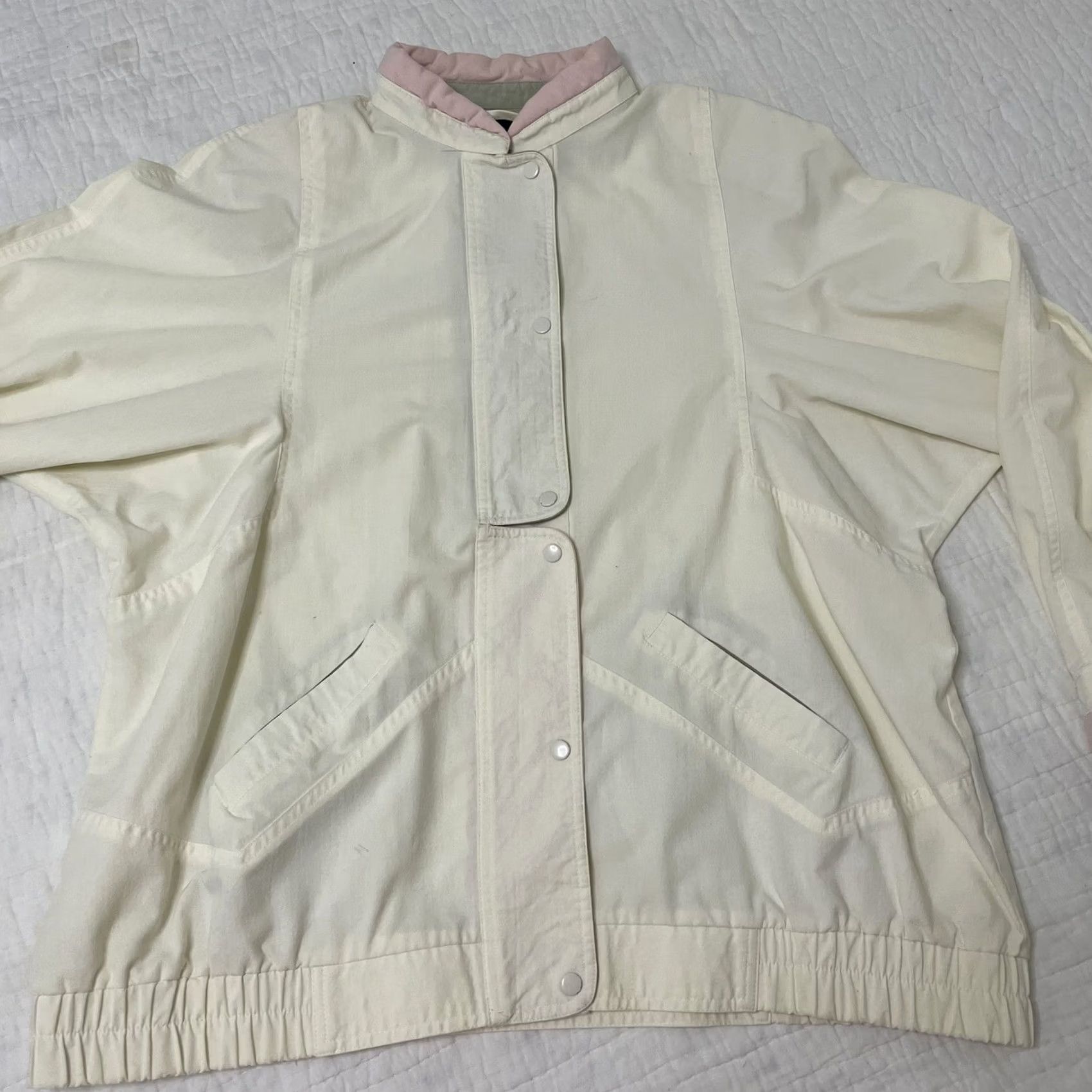 Vintage VINTAGE YR Women's Jacket 2XL Snap Button Shoulder Pads Cream Pink Green 80s Retro Windbreaker Jacket Size XXL / US 16-18 / IT 52-54 - 3 Thumbnail
