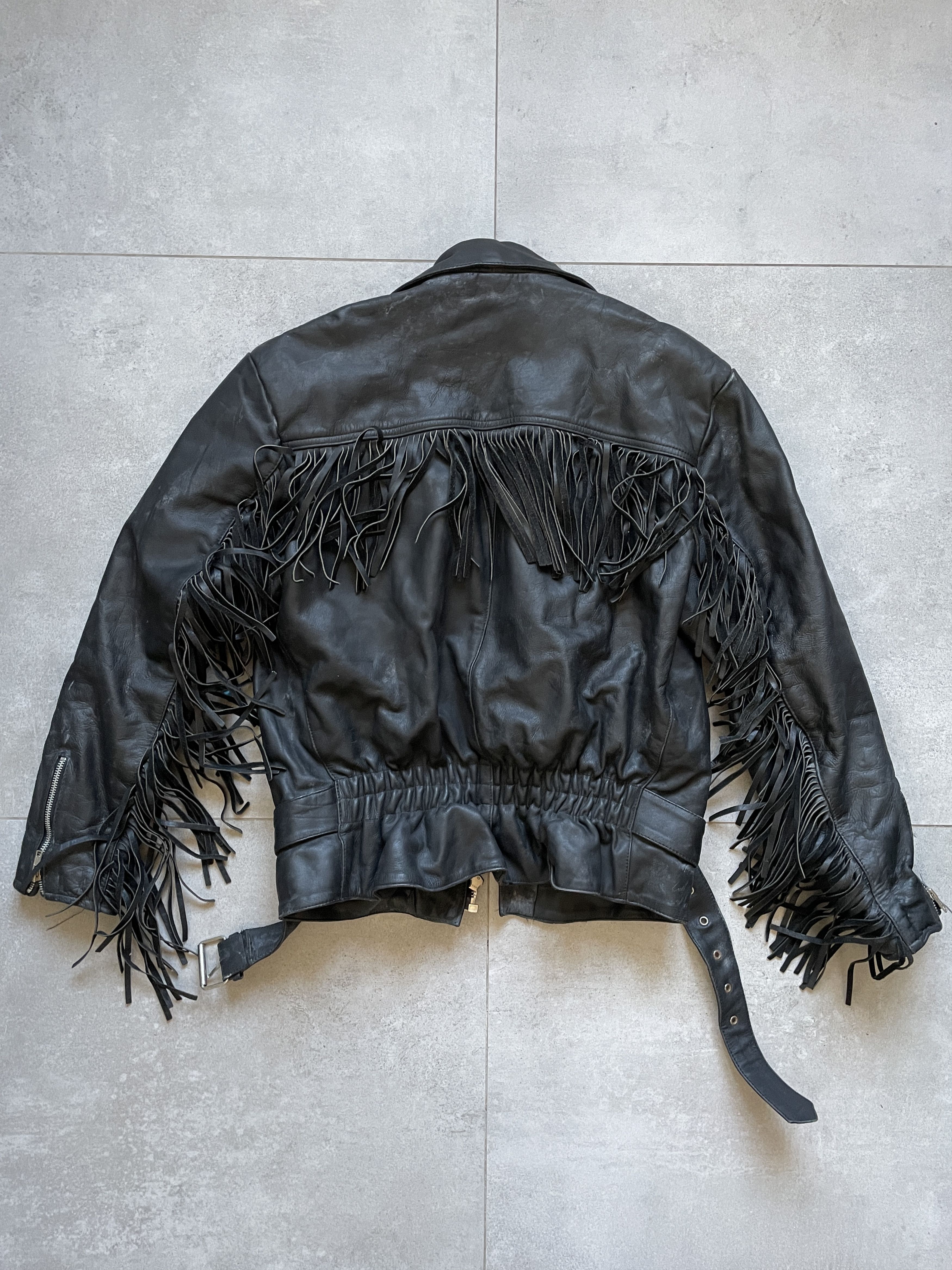 image of Genuine Leather x Leather Jacket Vintage 90's Western Fringe Black Ramones Leather Jacket (Size Lar
