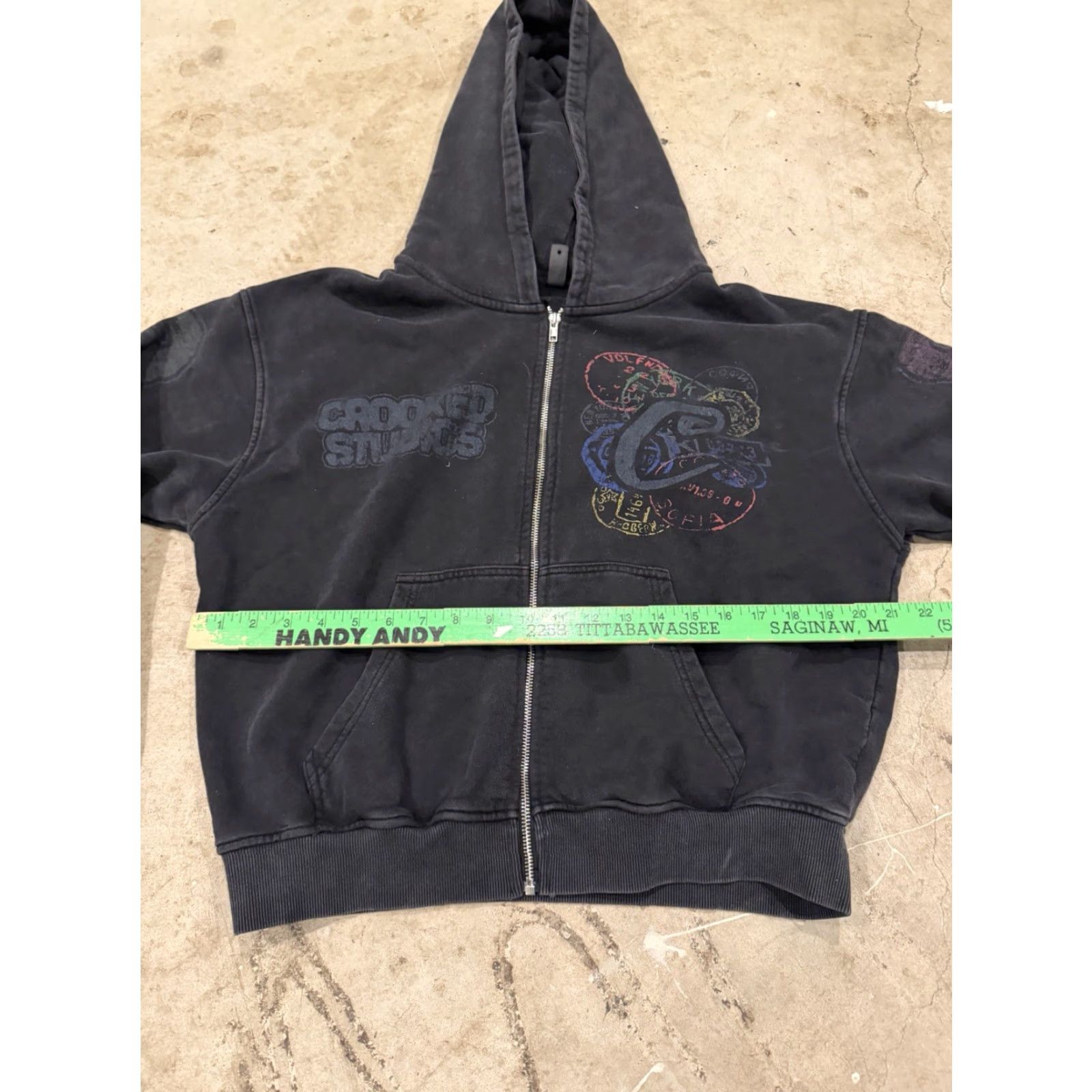 Vintage Crooked Studios Full Zip Hoodie Jacket Cropped Mens S/M Faded Black Street wear Mens S/M Crooked Studios Hoodie Black Street wear Size US S / EU 44-46 / 1 - 5 Thumbnail