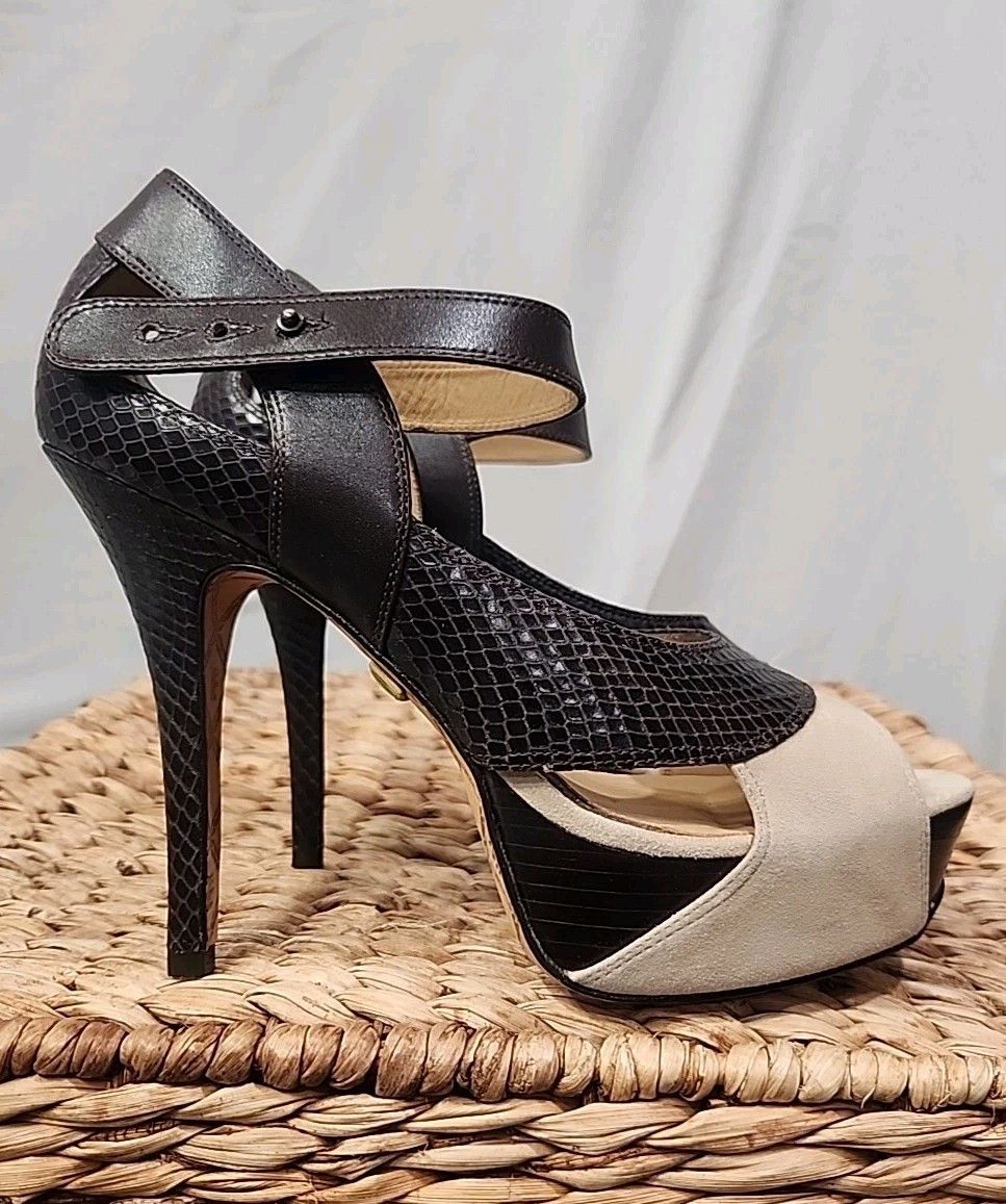 L.A.M.B. L.A.M.B. Peep Toe/Open Toe Ankle Strap Two Tone High Heels Size US 8 / IT 38 - 1 Thumbnail