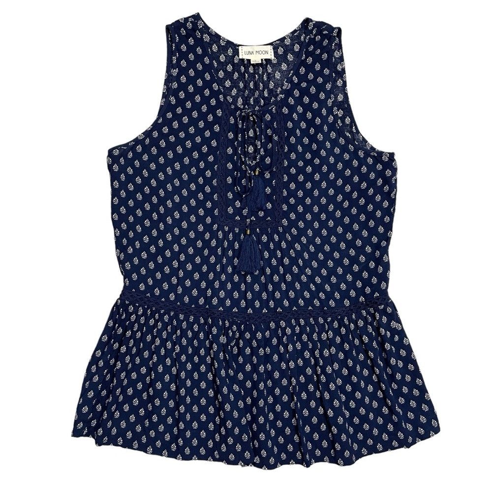 Other Luna Moon Blue Sleeveless Peplum Crochet Trim Rayon Blouse Size L / US 10 / IT 46 - 5 Thumbnail