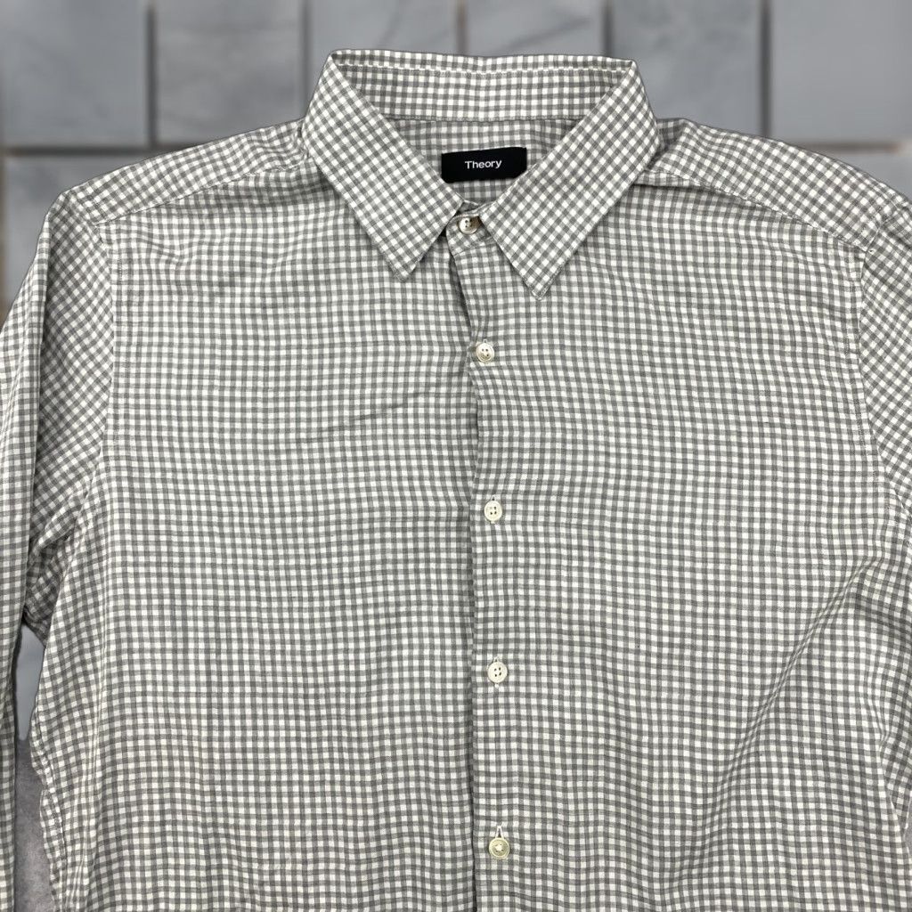 Theory Theory Button-Up Shirt Mens Large L Gray Check Long Sleeve Cotton Casual Size US L / EU 52-54 / 3 - 1 Thumbnail