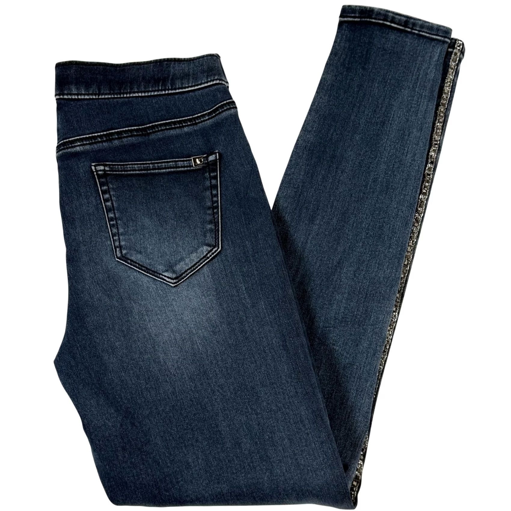 Denime Jennifer Lopez Skinny Denim Jeans 6 Blue Dark Wash Pull On Side Stripe Rhinestone Elastic Waist Womens Jeans Slim Jegging Size 28" / US 6 / IT 42 - 2 Thumbnail