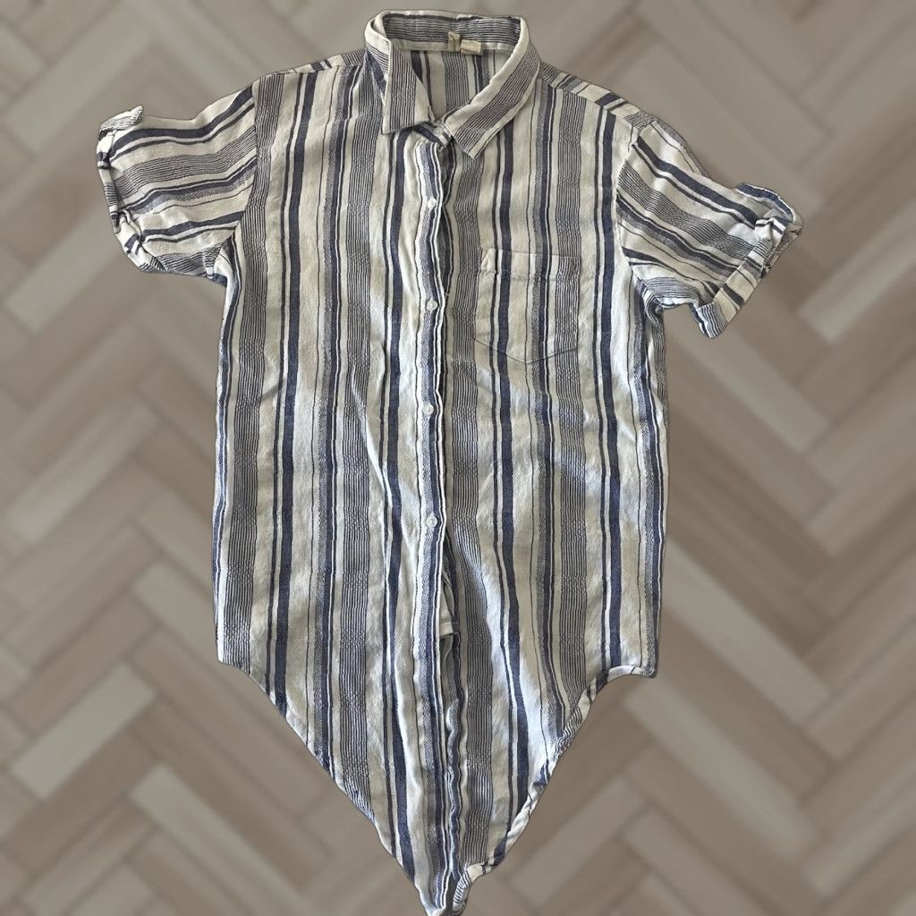 Vintage Japna Striped Tie Button Front Short Sleeve Top Women's Large Blue White Size L / US 10 / IT 46 - 1 Thumbnail