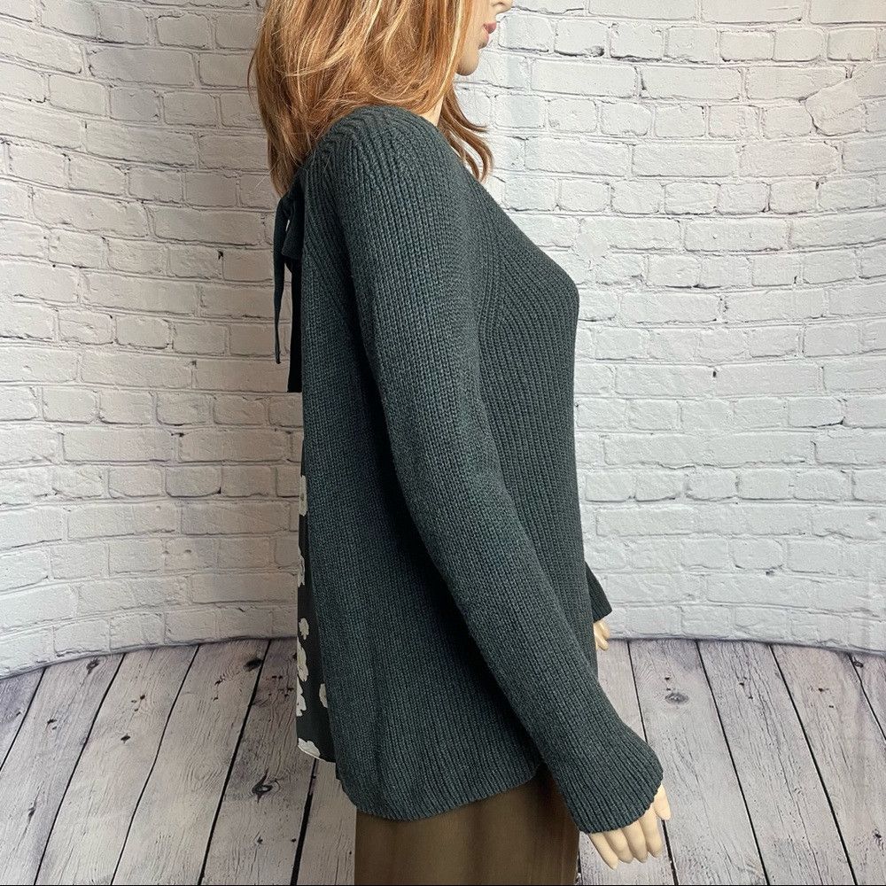 Loft New LOFT Floral Chiffon Tie Back Ribbed Cotton Gray Sweater Size M / US 6-8 / IT 42-44 - 3 Thumbnail