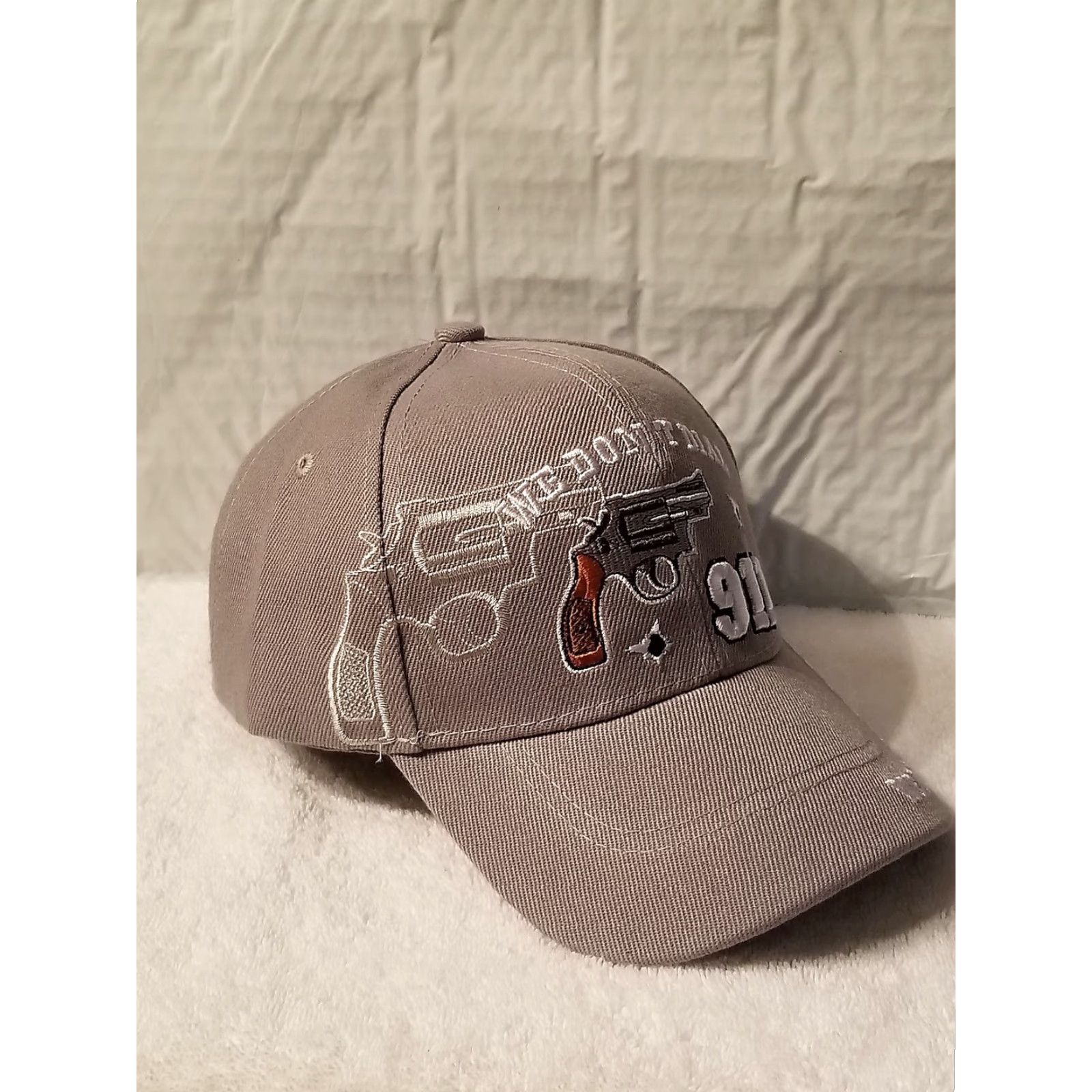 Vintage CALI Men Baseball Cap Adjustable Gray Pistol We Don’t Dial 911 Bullet Hole Theme Size ONE SIZE - 2 Thumbnail