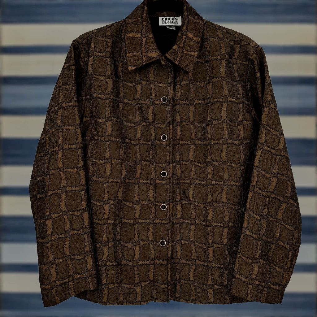 Vintage Chico'S Earthy Textured Grid Button Front Jacket S 0 Brown Size S / US 4 / IT 40 - 1 Thumbnail