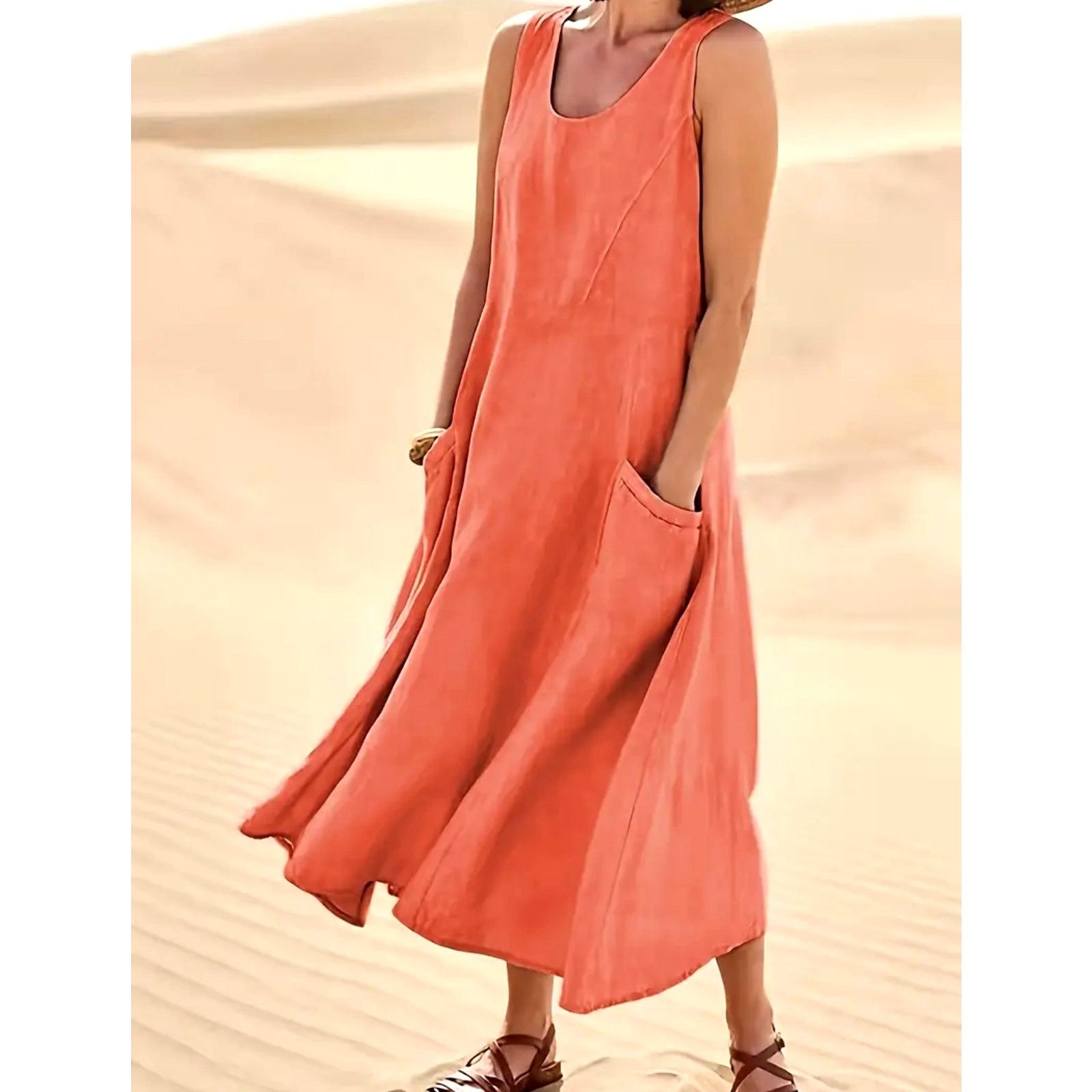 Other Sleeveless 100% Cotton Midi Dress Pockets Coral size 8/10 Size L / US 10 / IT 46 - 4 Thumbnail