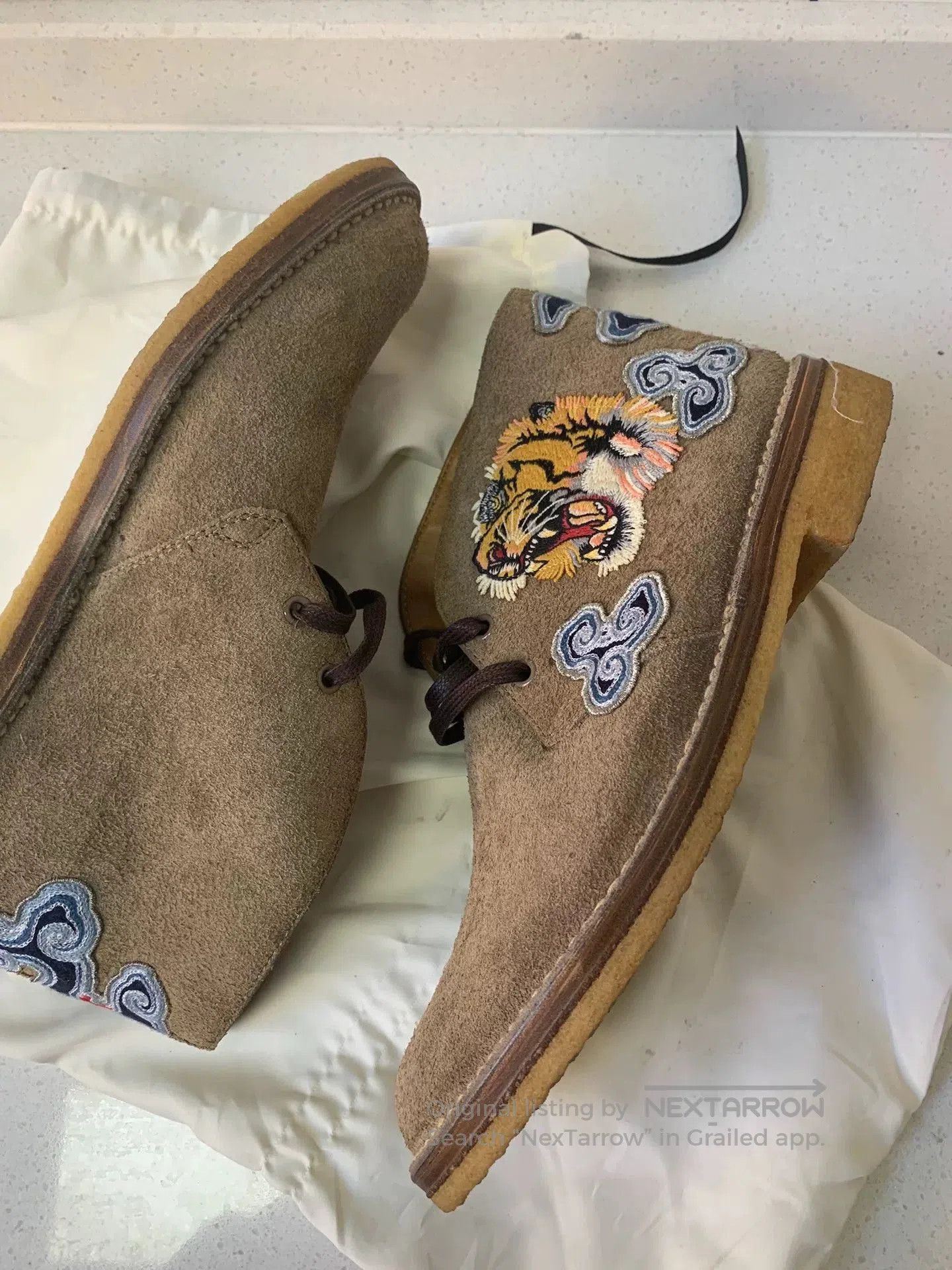 Gucci Tiger Embroidery Suede Desert Boots.