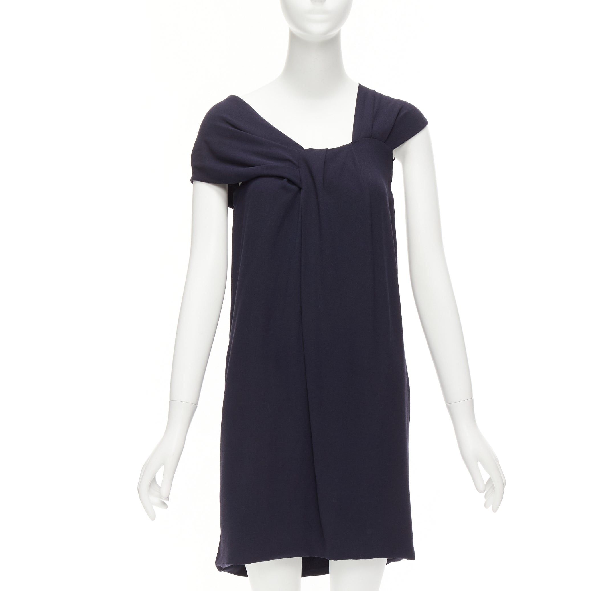 image of Fendi Navy Viscose Wool Asymmetric Pleated Collar Silk Lined Mini Dress It38 Xs, Women's