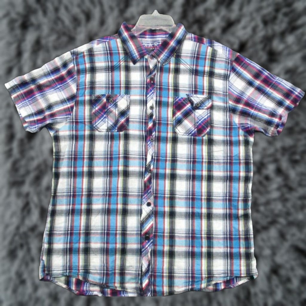 Vintage Karl Jeans Shirt 2XL Men's Blue White Plaid Button-Front Short Sleeve Knit Cotton Button-Up Shirt Mens Size US XXL / EU 58 / 5 - 1 Thumbnail