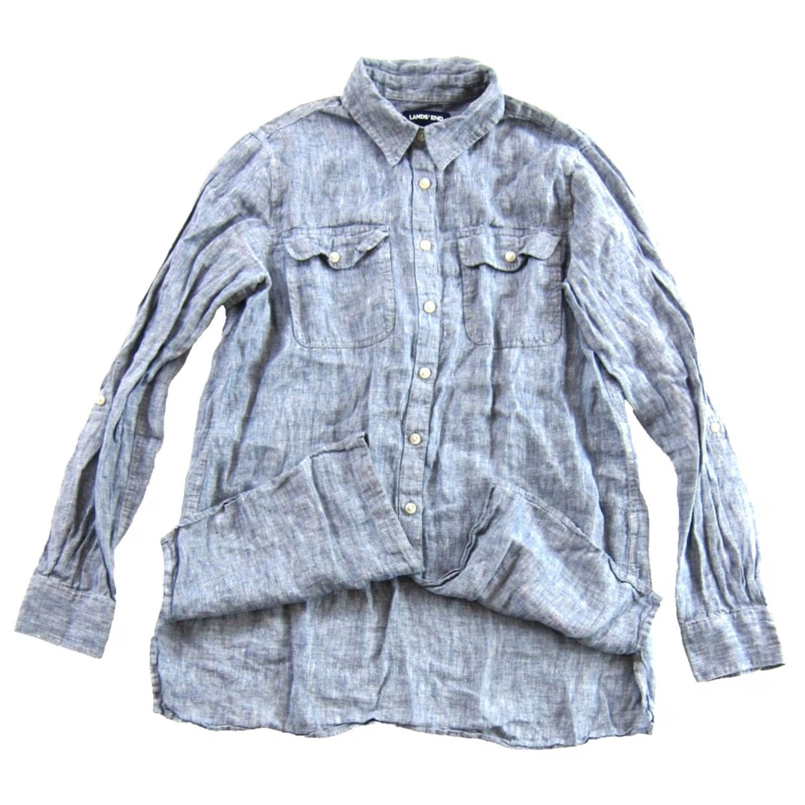 Lands' End Lands' End 100% Linen Blue Collared Button Up Long Sleeve Blouse Woman S Size S / US 4 / IT 40 - 4 Thumbnail