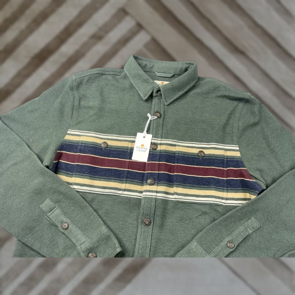 NWT Marine Layer Pacfica Regular Fit Stretch Twill Shirt Men's M Green Multi
