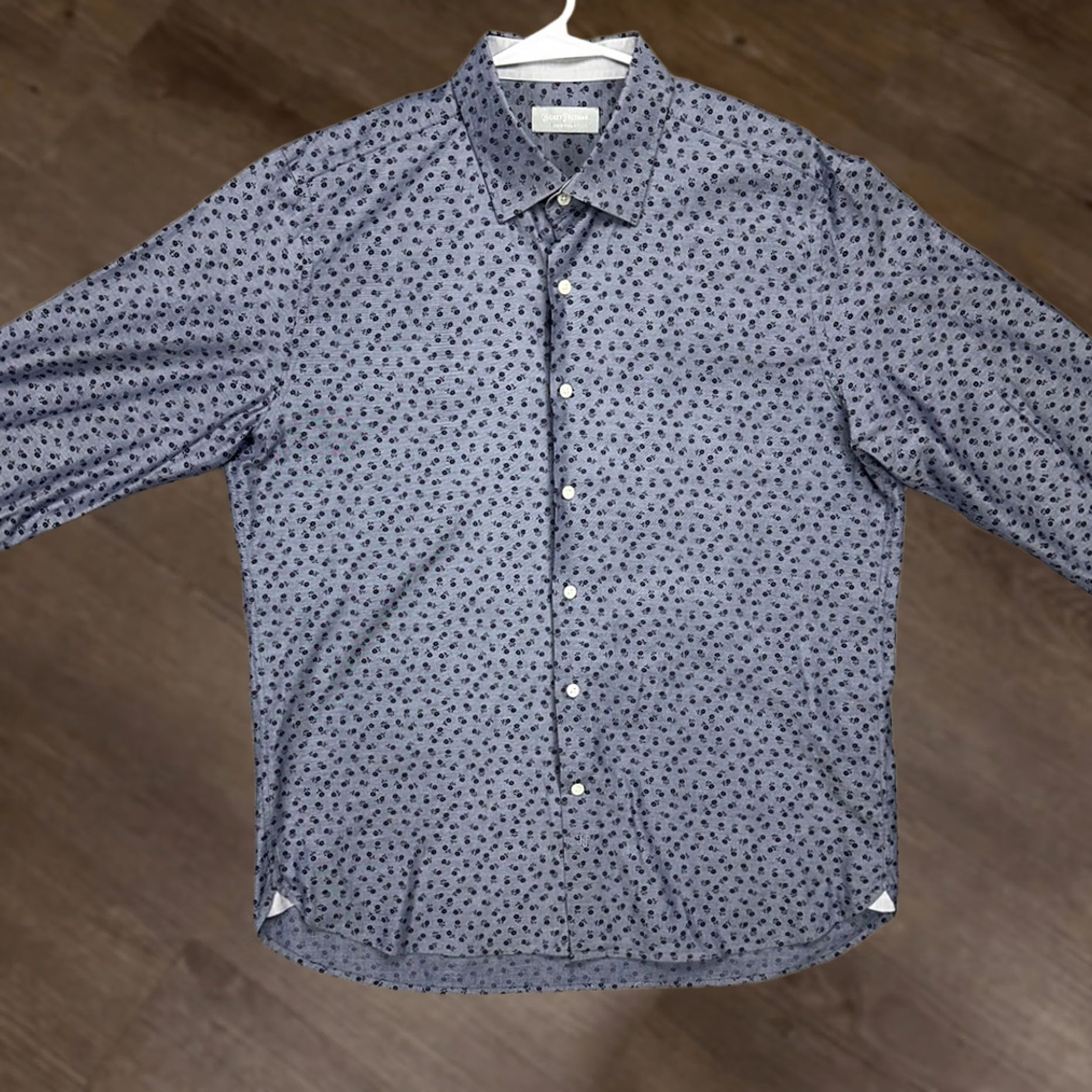 Vintage Hickey Freeman Button-Up Shirt Mens Large Blue Floral Long Sleeve Navy Cotton Breathable Preppy Slim Fit Size US L / EU 52-54 / 3 - 1 Thumbnail