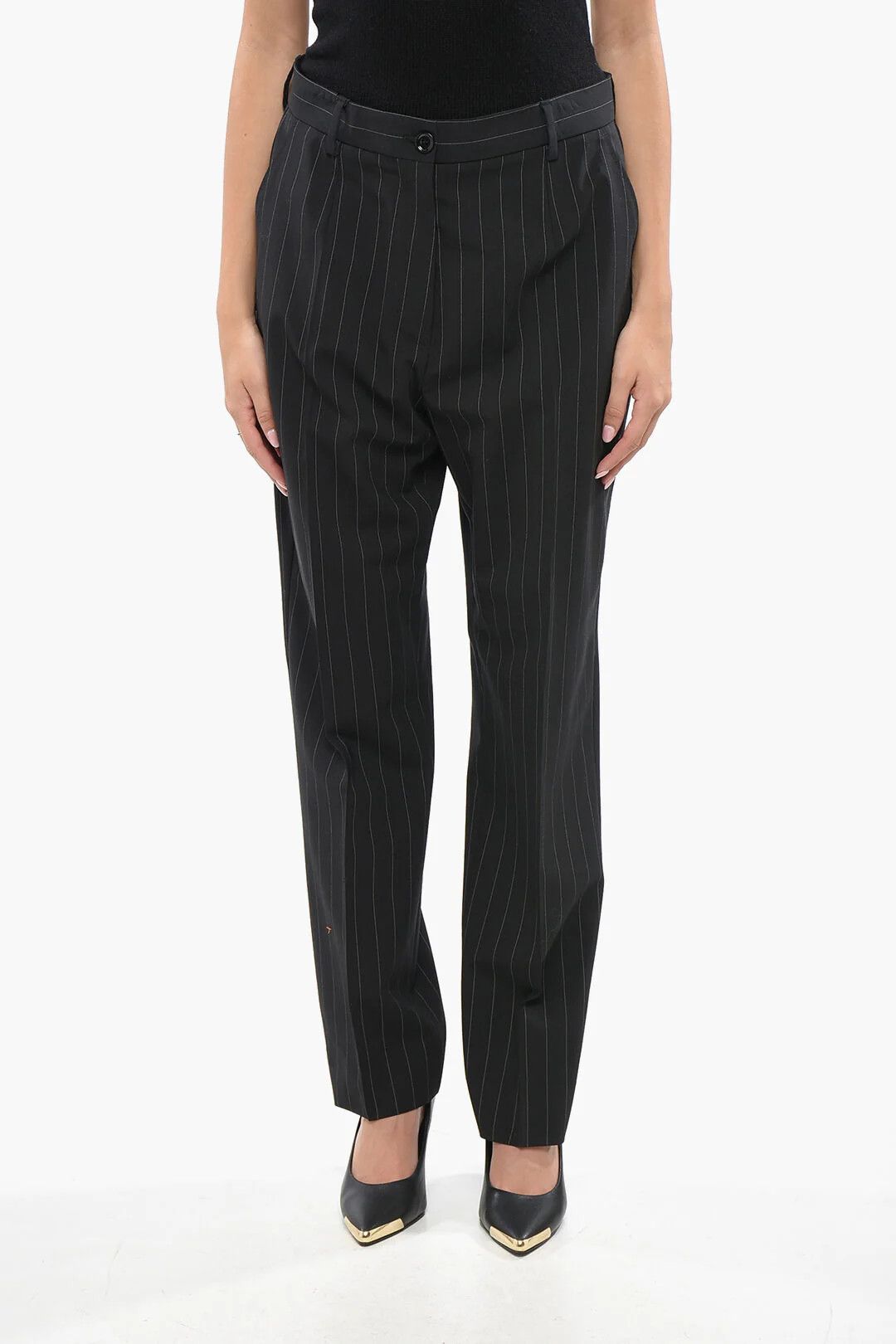 Dolce & Gabbana og1mm0426 Stretch Virgin Wool Pinstriped Pant in Black Size 32" / US 10 / IT 46 - 1 Thumbnail