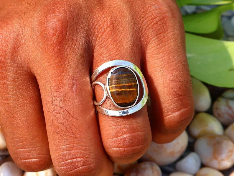 Handmade Tiger's Eye Ring, 925 Silver Ring, Handmade Oval Gemstone, Size ONE SIZE - 8 Thumbnail