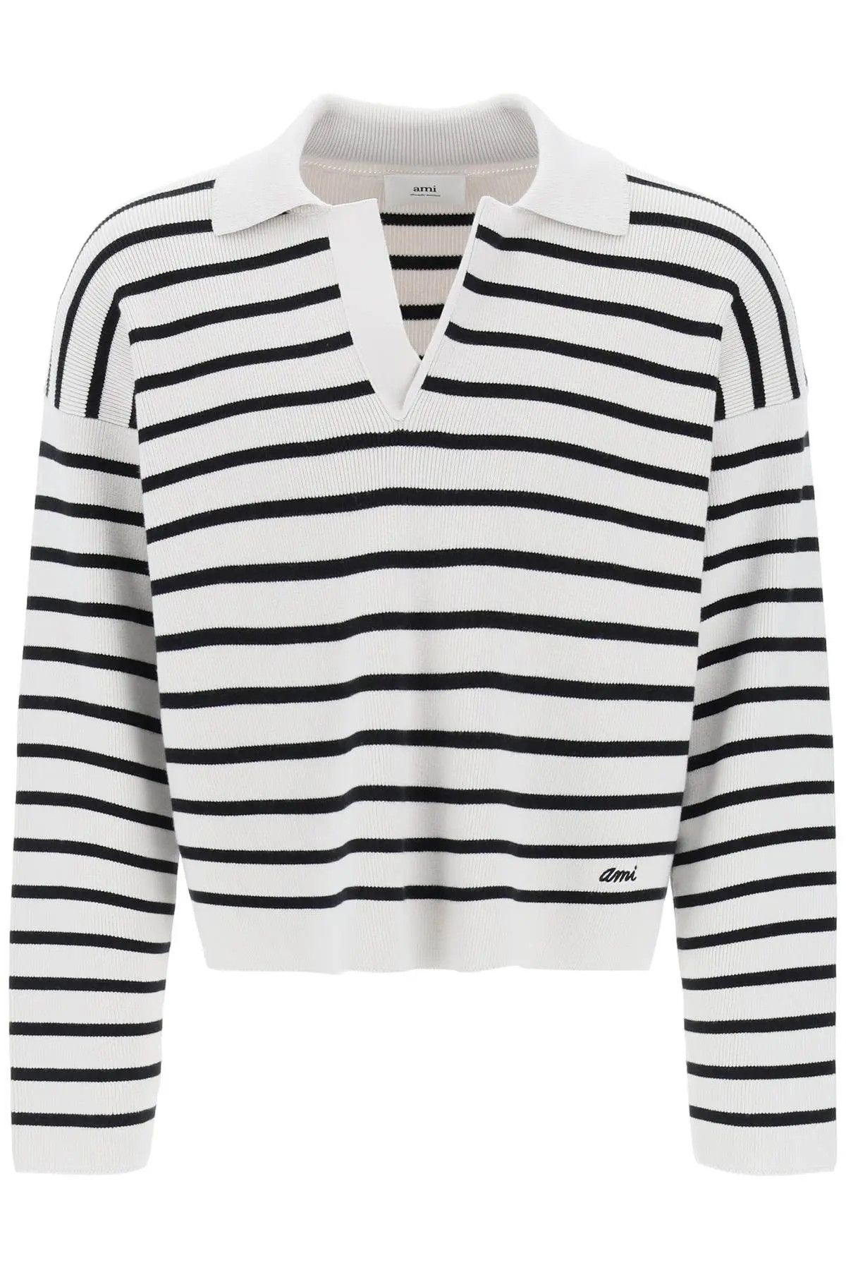 image of Ami O1S22I1N0324 V-Neck Magic Pullover Sweater In White Black, Women's (Size Large)
