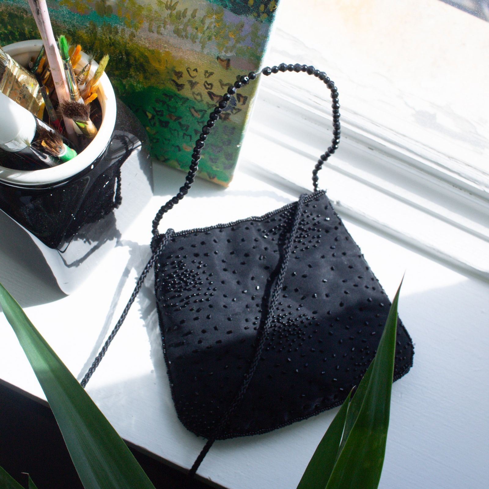 Vintage Y2K Beaded Satin Handbag with Top Handle Black Size ONE SIZE - 1 Thumbnail