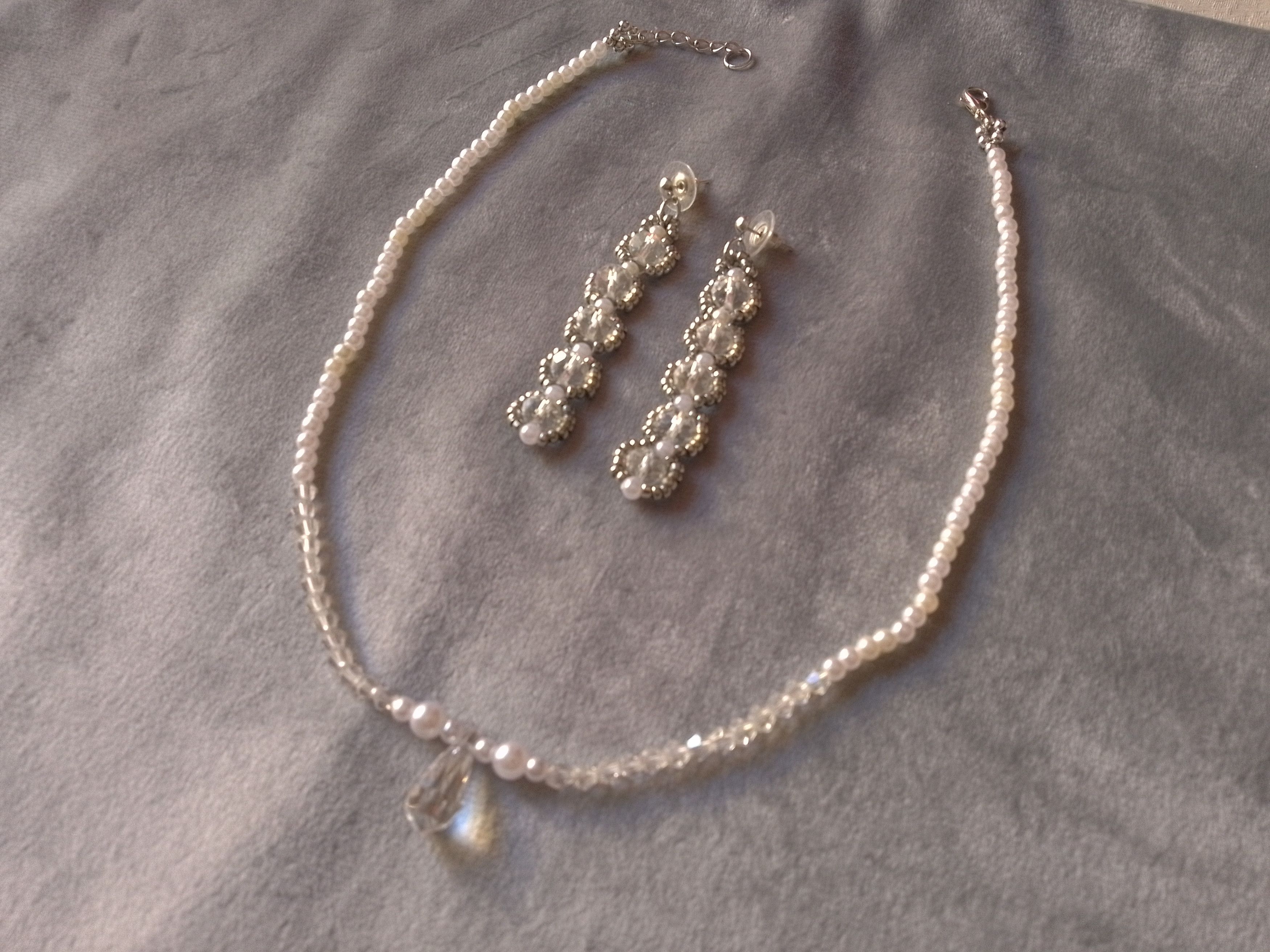 Handmade Necklace Pearls Crystals. Swarovski Teardrop.Long Earrings Size ONE SIZE - 4 Thumbnail